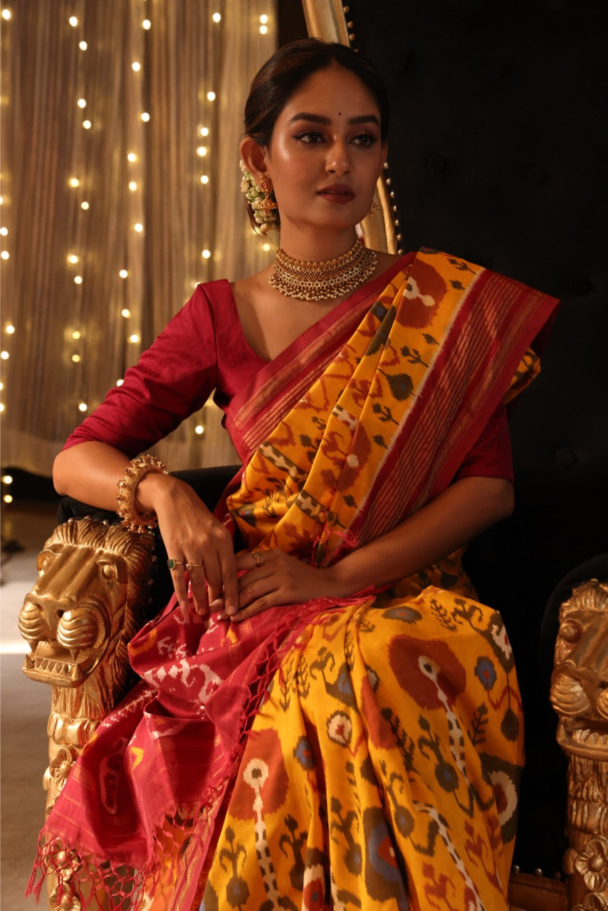 A stunner mustard yellow by deep burgundy premium tussar by mulberry silk ikkat SAREE