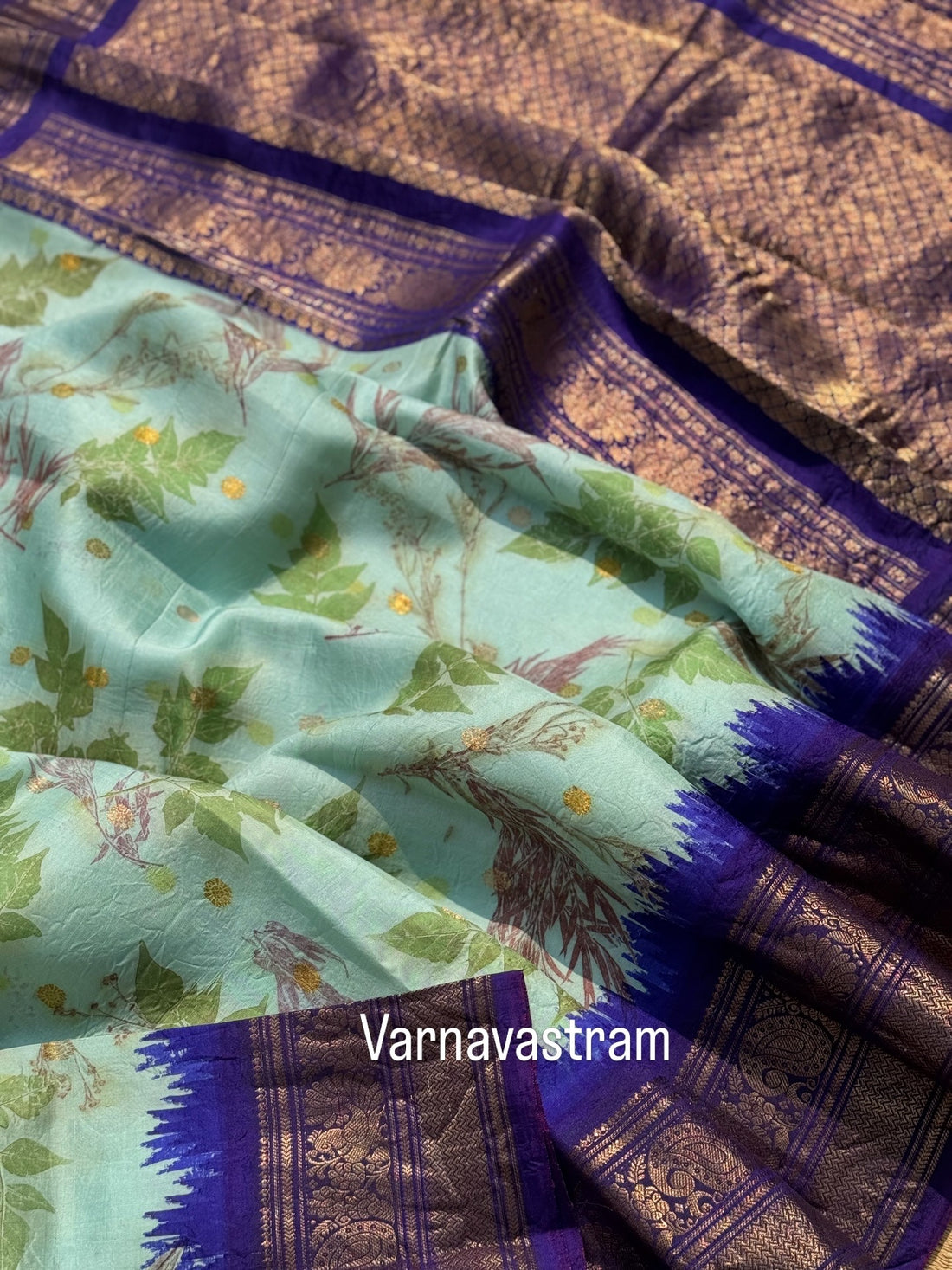 An ice blue with royalblue Natural Handmade Ecoprints Gadwal silk saree