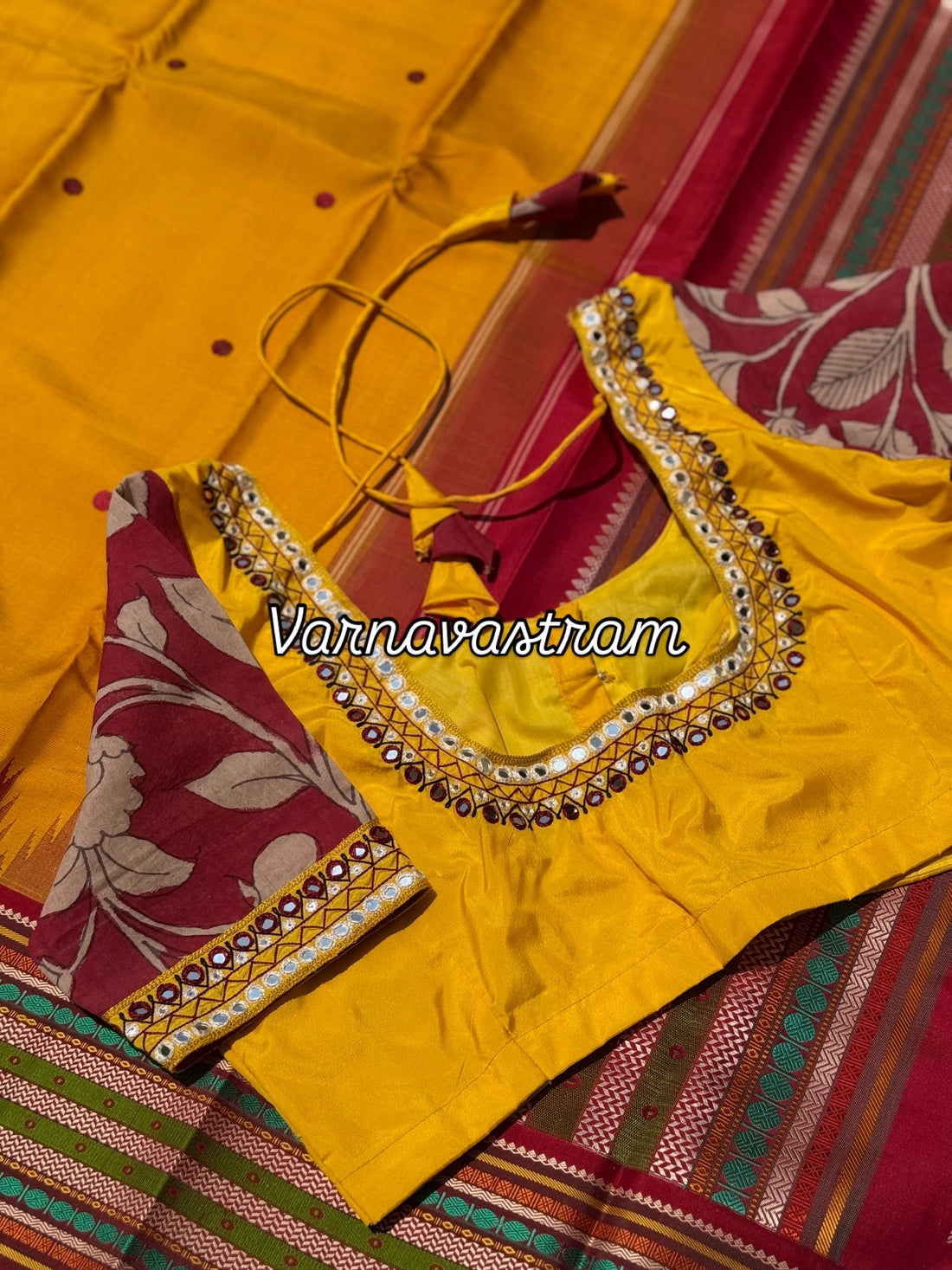 Yellow maroon silk blouse handdrawn hand painted penkalamkari and zardosi embellished