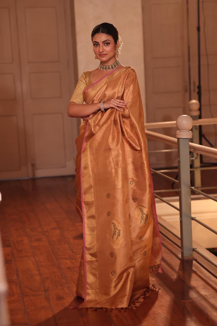 The most opulent and the celebrated weave in natural dyed fawn gold shade kanchivaram silk saree