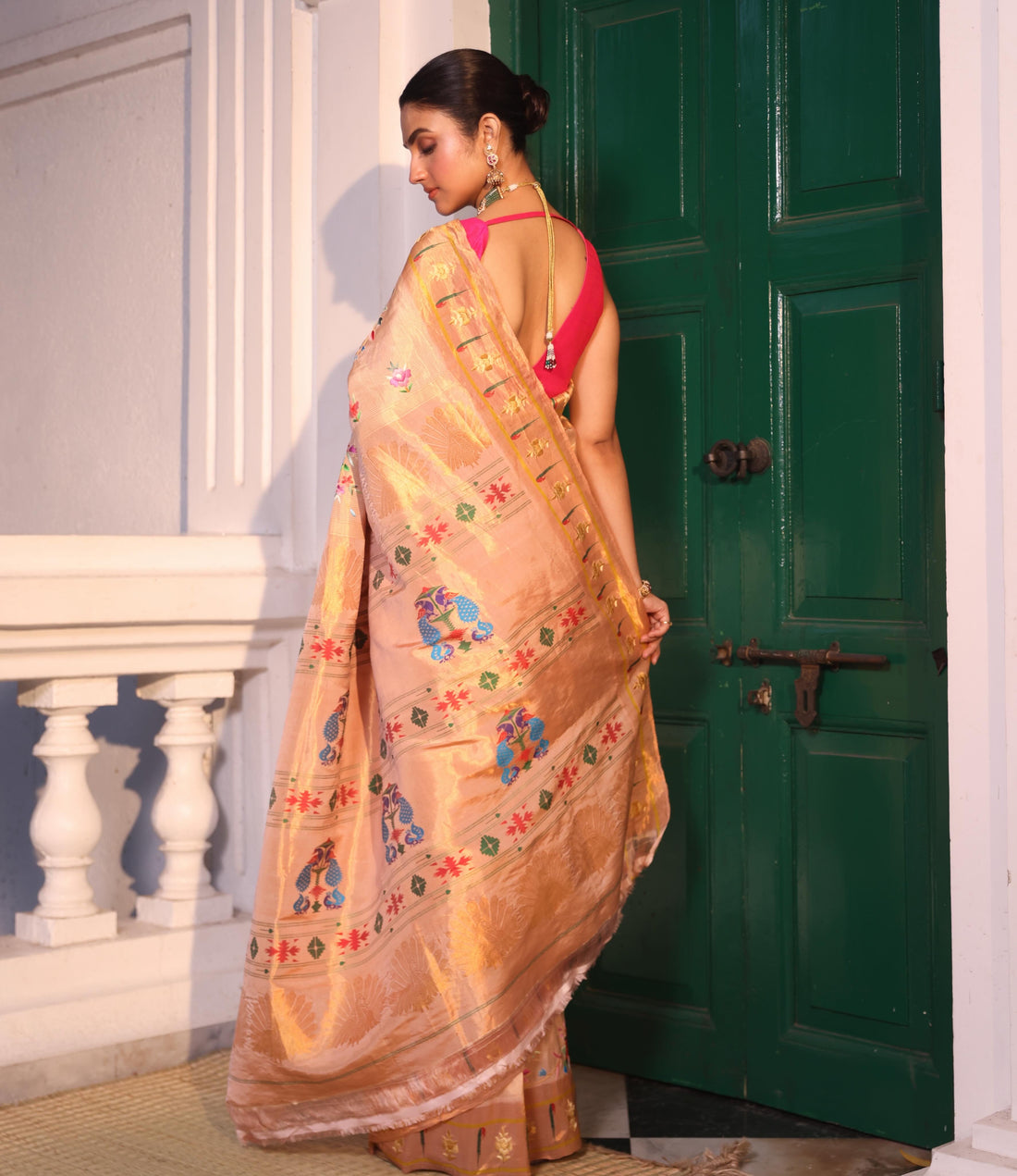 PAITHANI TISSUE SILK WITH ZARI STRIPES ORNATE WITH HAND EMBROIDERED PARSI GARA WORK