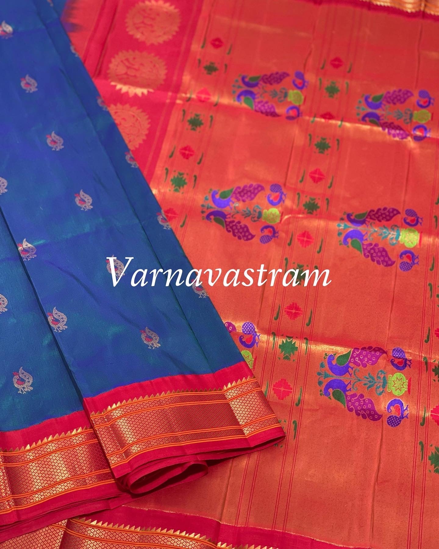 Paithani Silk Saree With Meenakari Buttas On Body With Kadiyal Border