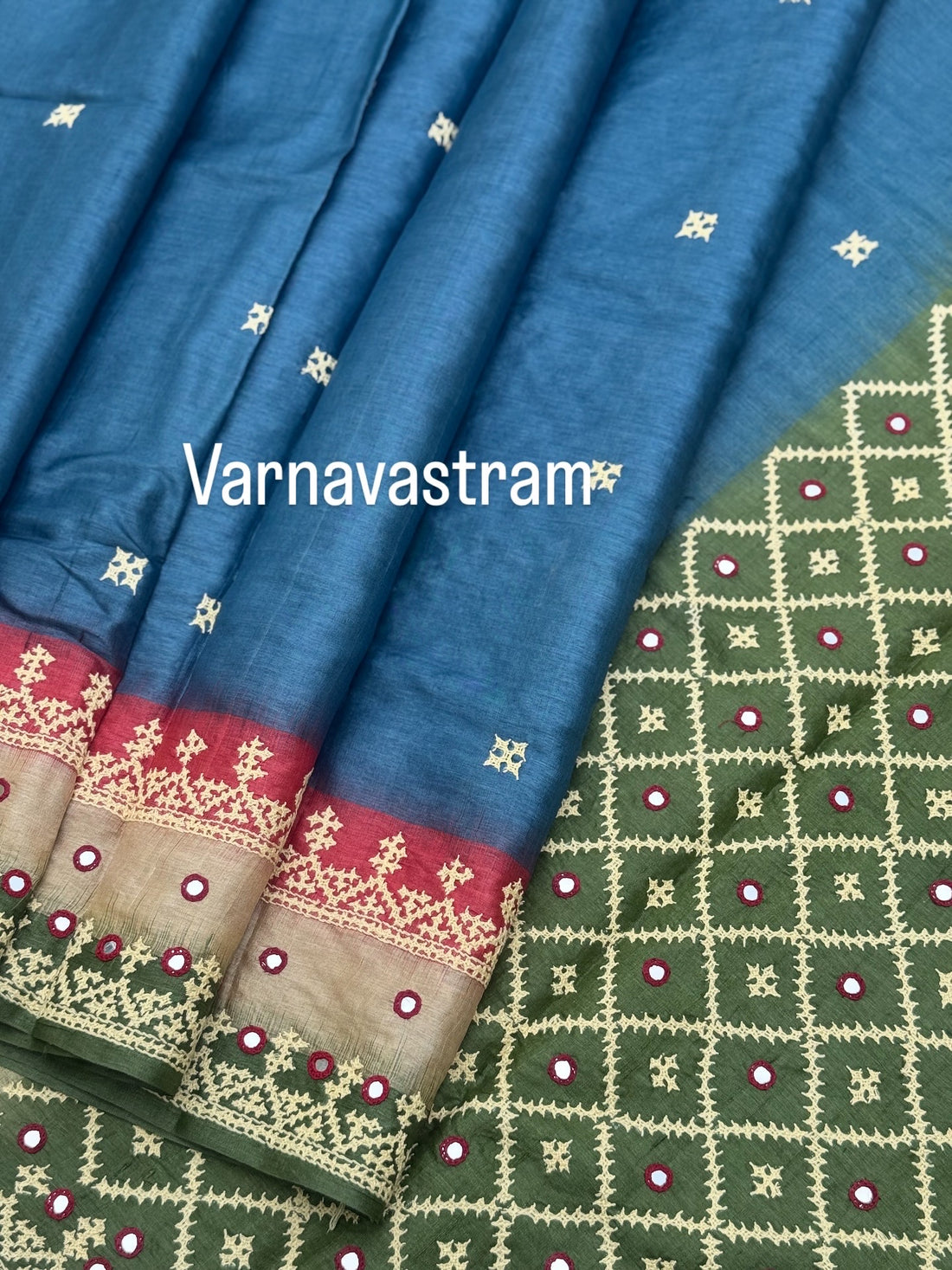 Indigo blue with green and pink handwoven Tussar silk saree with handmade kutch mirror embroidery work