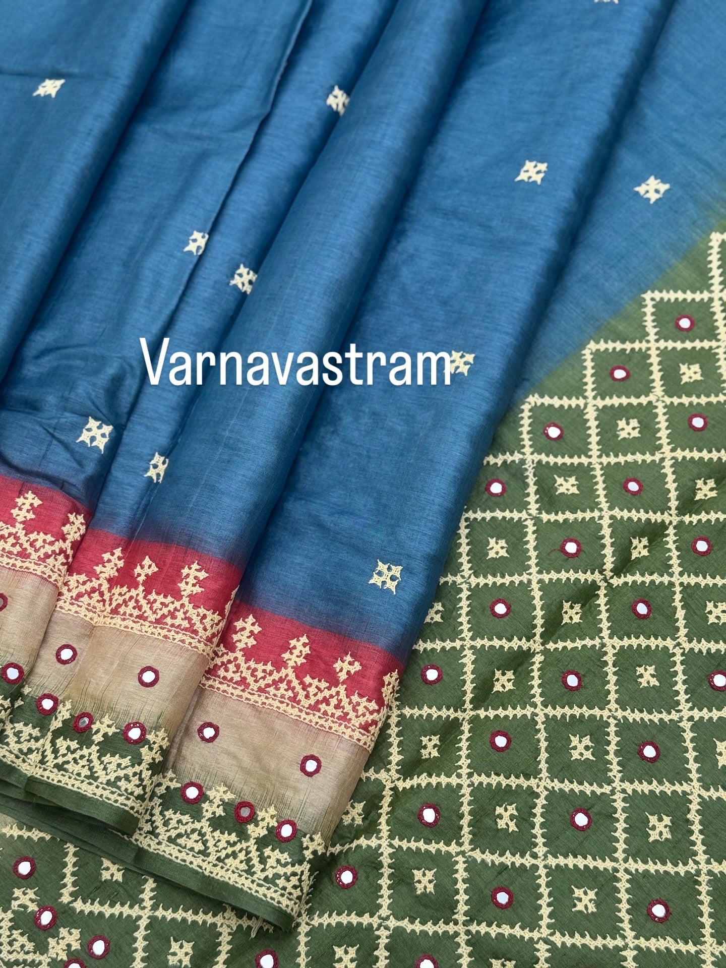 Indigo blue with green and pink handwoven Tussar silk saree with handmade kutch mirror embroidery work