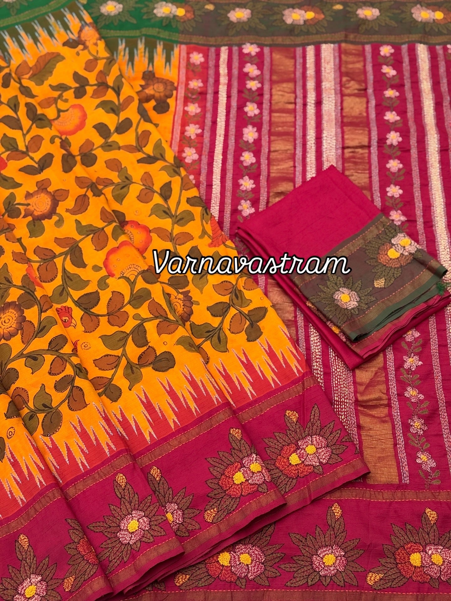 A masterpiece Kathawork handembroidery kanchivaram korvai silk saree with penkalamkari