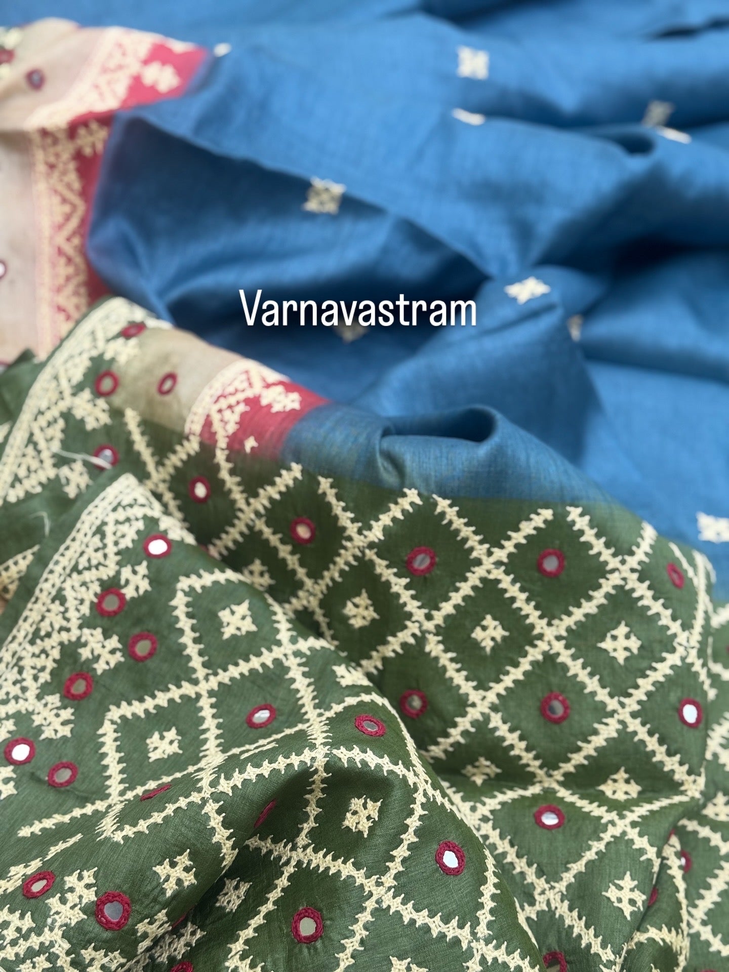 Indigo blue with green and pink handwoven Tussar silk saree with handmade kutch mirror embroidery work