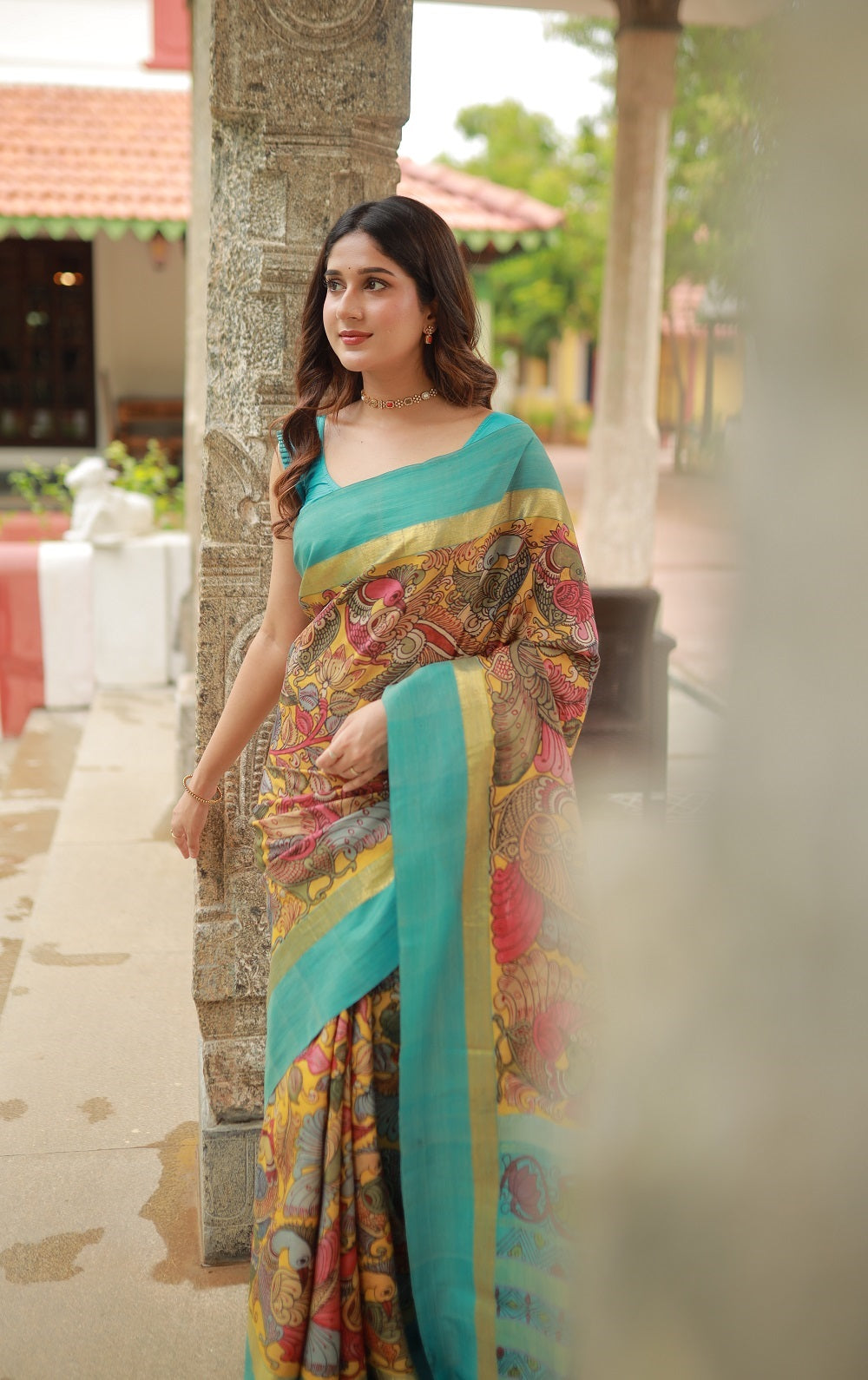 Complete Hand Drawn And Hand Painted Penkalamkari In Kanchivaram Silk Saree
