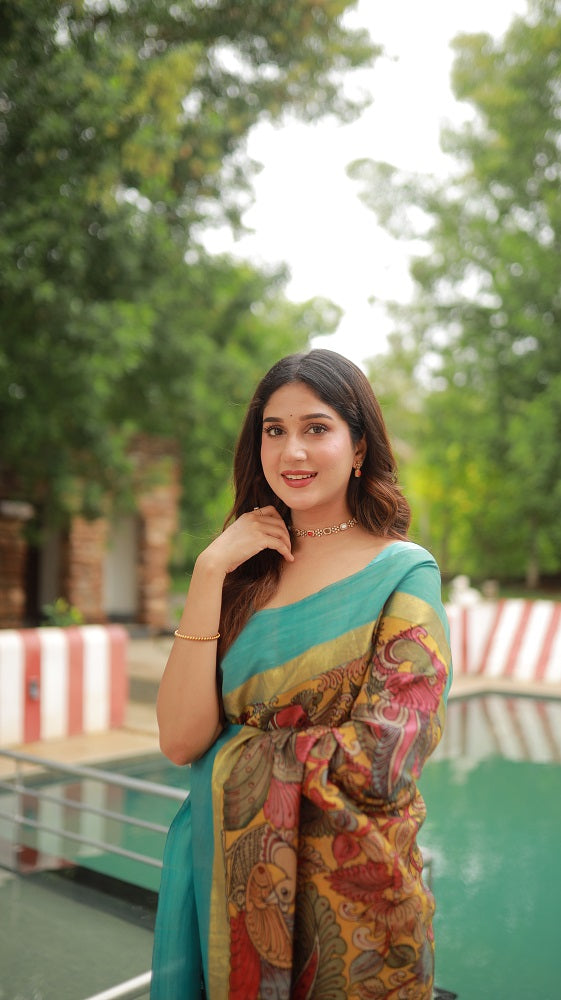Complete Hand Drawn And Hand Painted Penkalamkari In Kanchivaram Silk Saree
