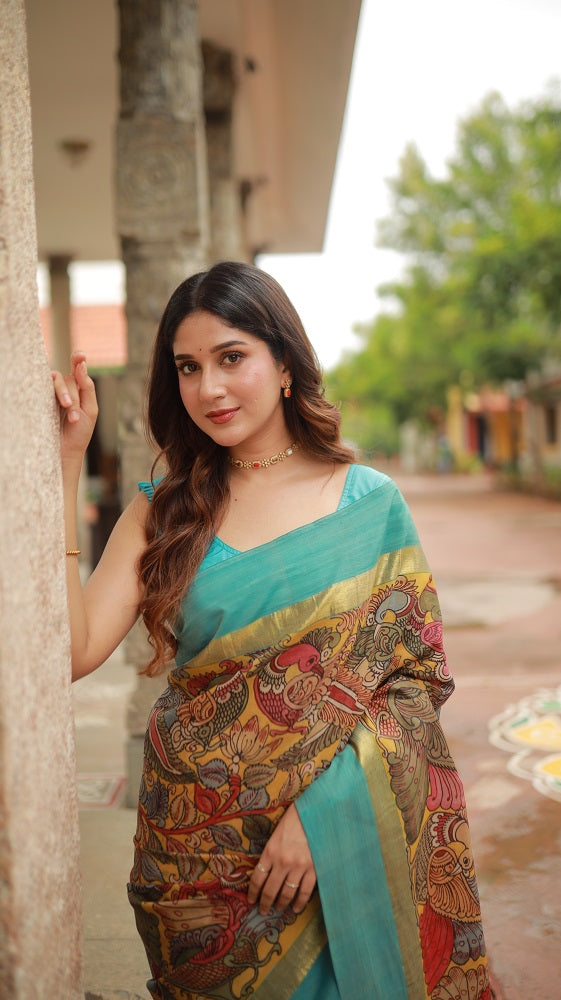Complete Hand Drawn And Hand Painted Penkalamkari In Kanchivaram Silk Saree