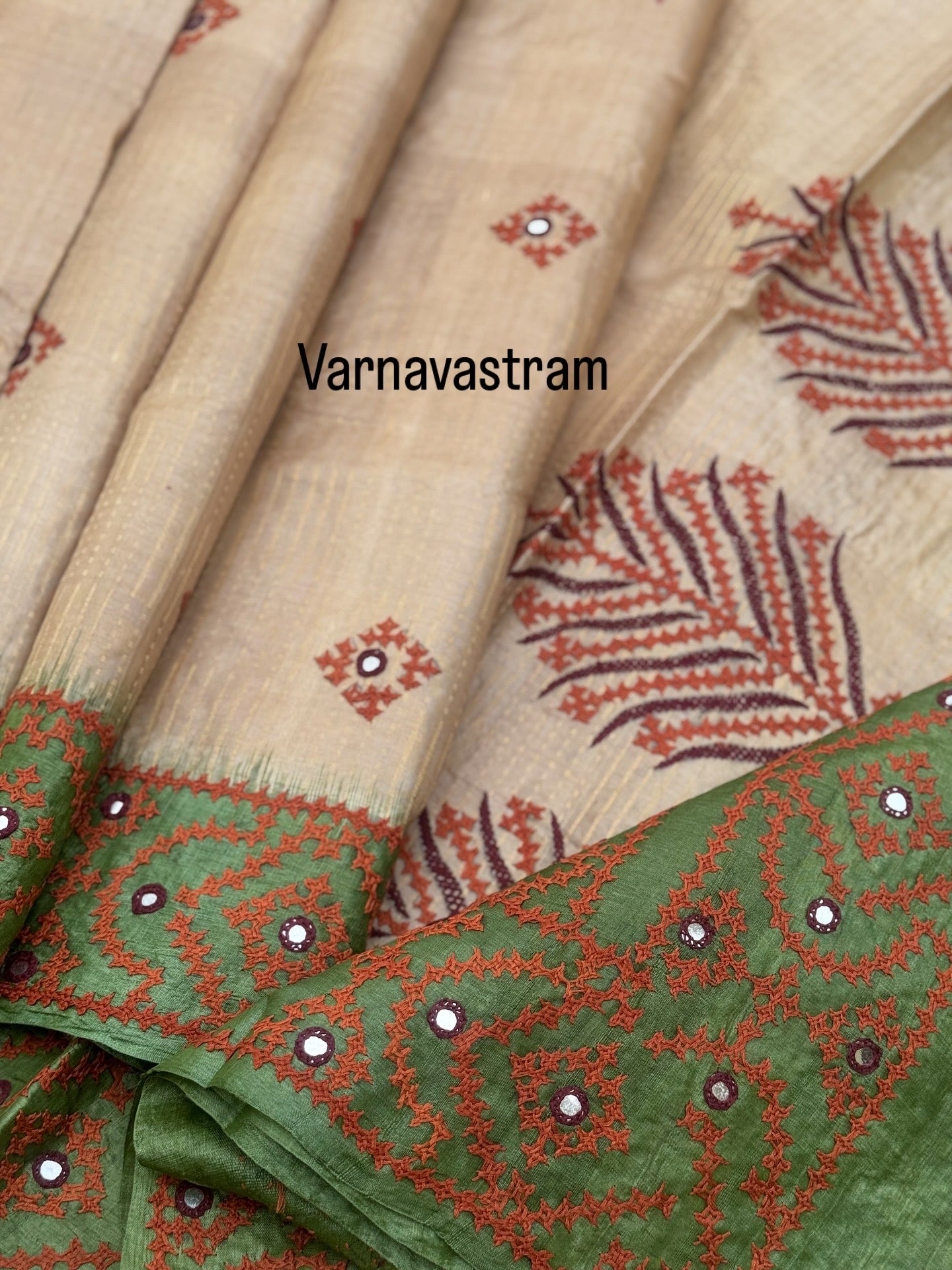 handwoven Tussar silk saree with handmade kutch mirror embroidery work