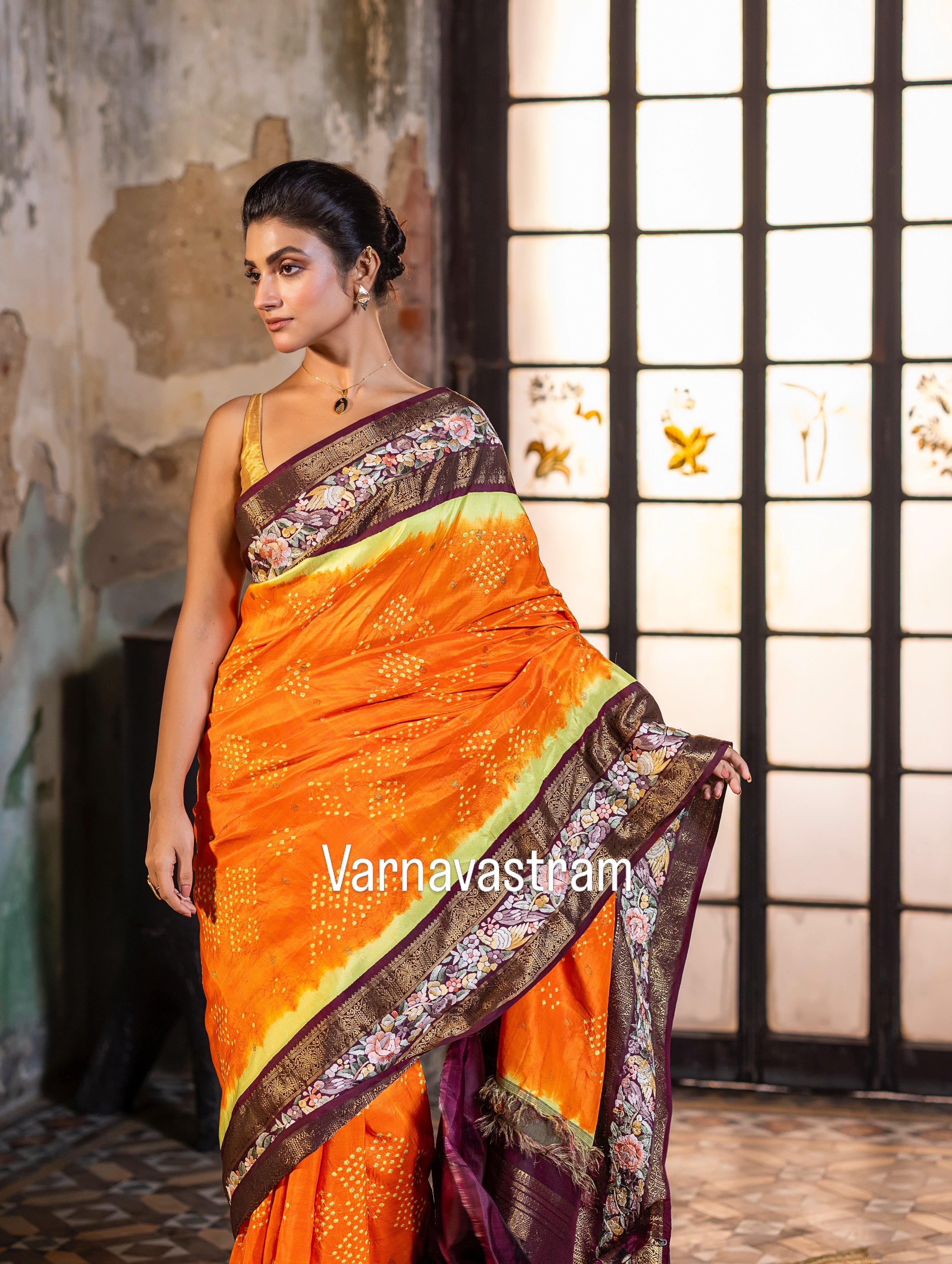 Parsi Gara with Rai Bhandej stunning zari Korvai Kanchivaram in yellow orange with betel brown