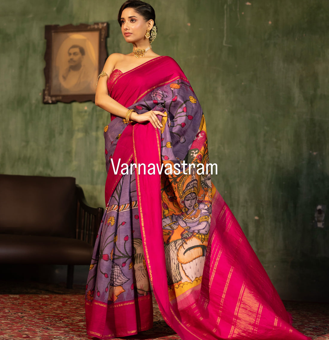 VRATHAPANI - Complete Hand Drawn And Hand Painted Penkalamkari In korvai Kanchivaram Silk Saree