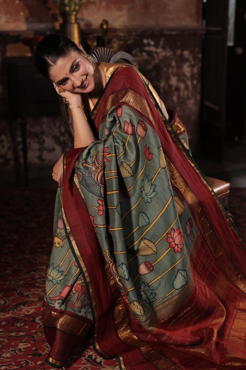 Reserved - Complete Hand Drawn And Hand Painted Penkalamkari In korvai Kanchivaram Silk Saree