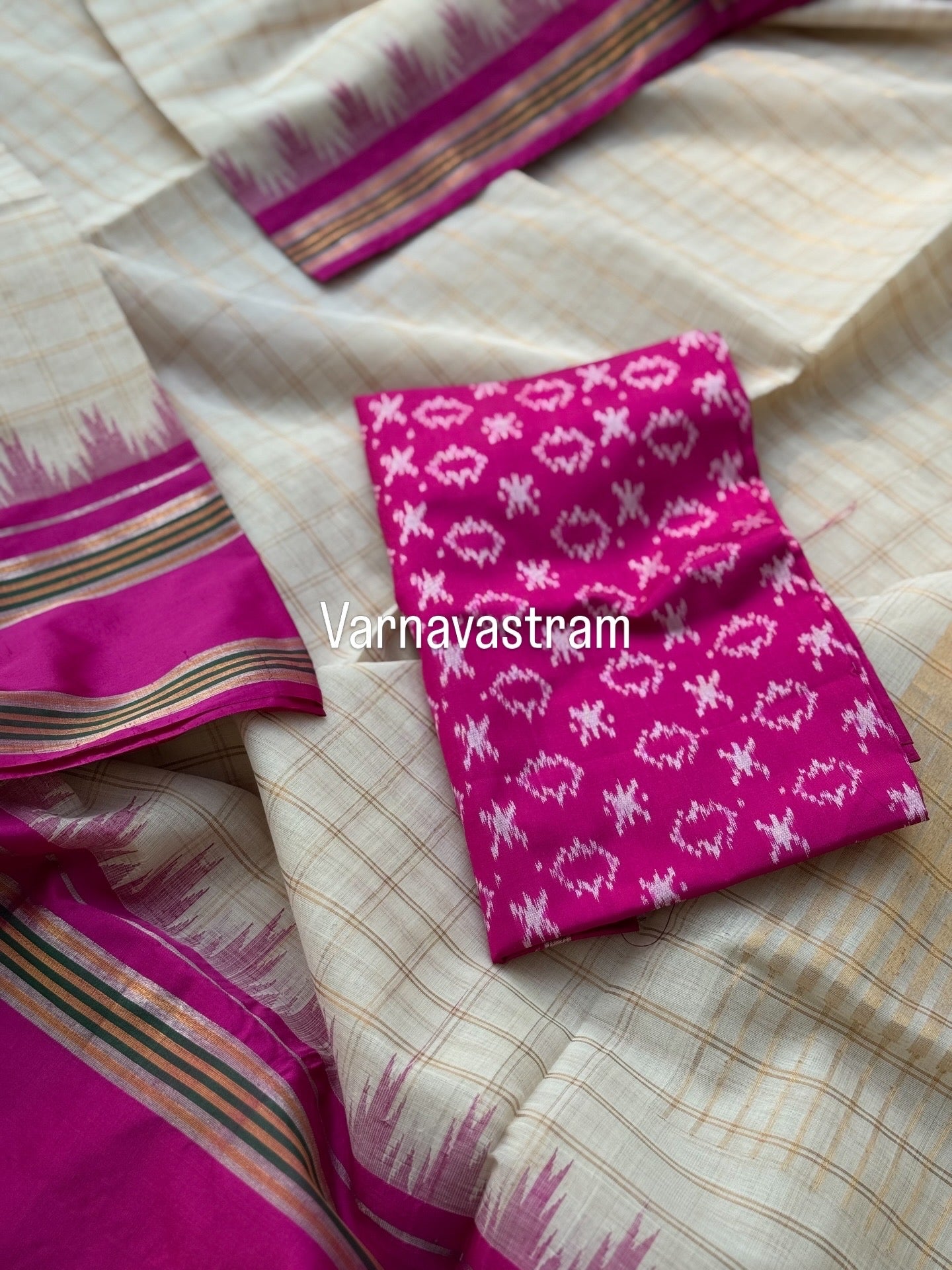 Handspun and handwoven ponduru Khadhi cotton Zari checks saree with silk dobby border in contrast pink