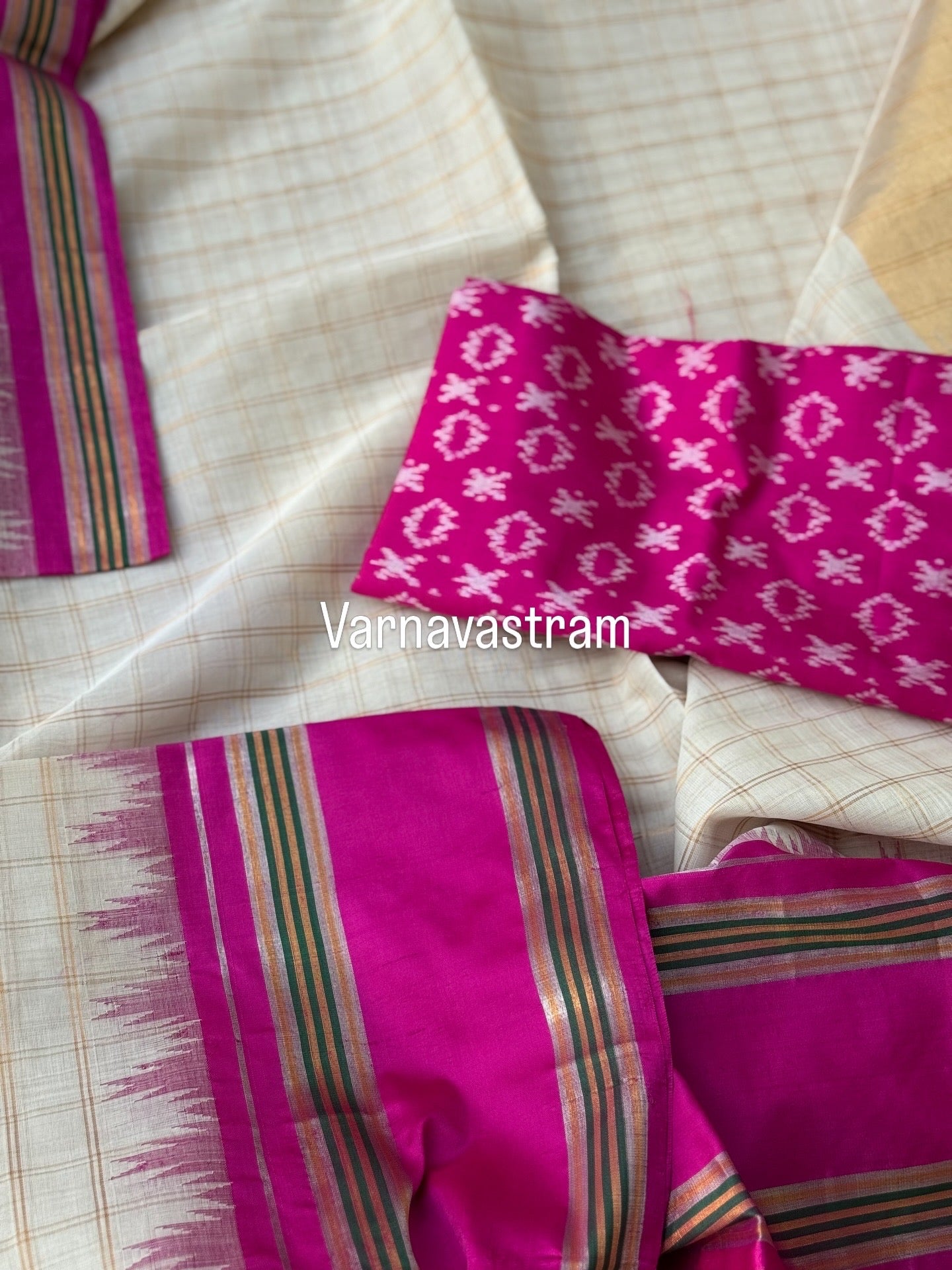 Handspun and handwoven ponduru Khadhi cotton Zari checks saree with silk dobby border in contrast pink