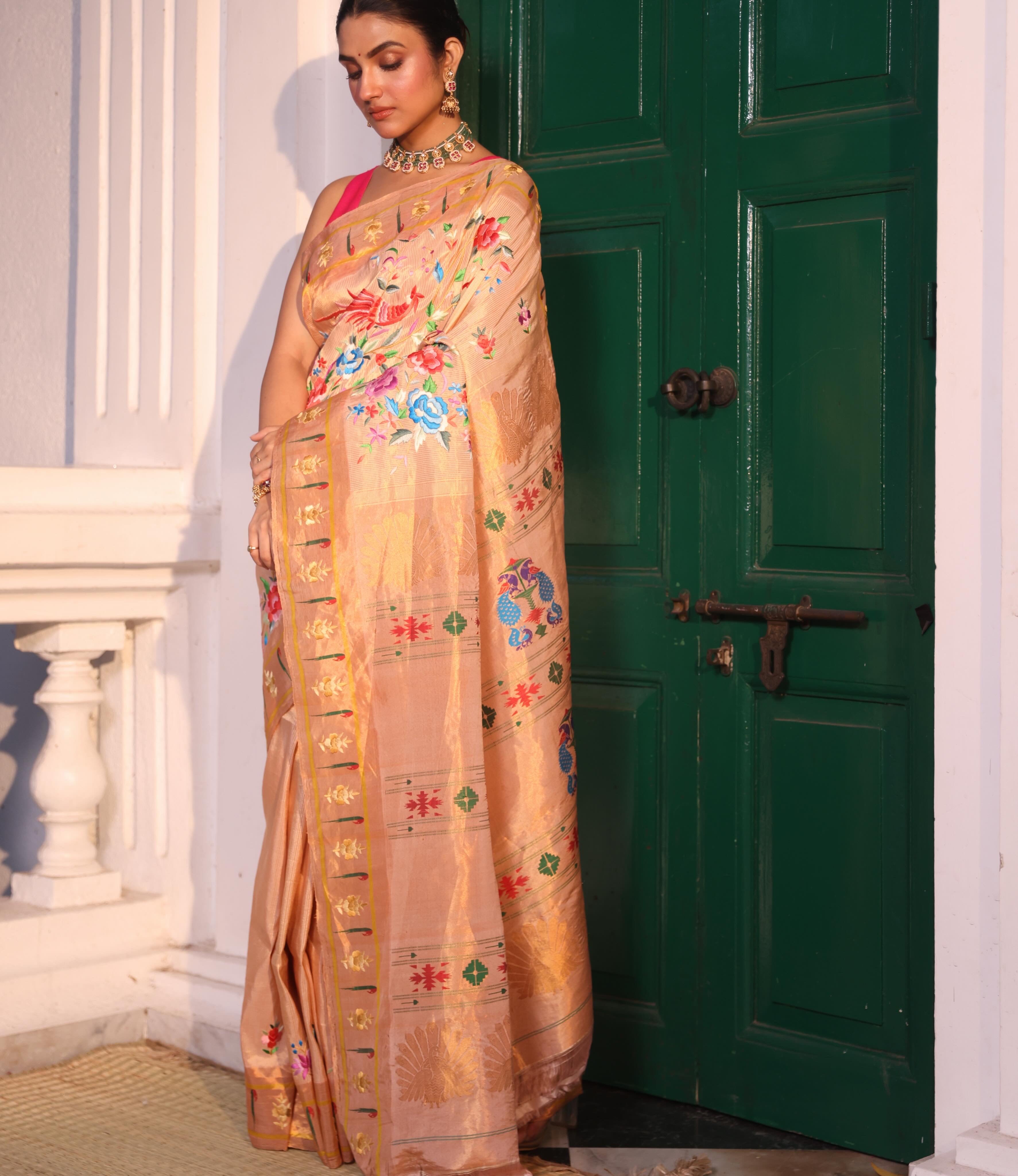 PAITHANI TISSUE SILK WITH ZARI STRIPES ORNATE WITH HAND EMBROIDERED PARSI GARA WORK