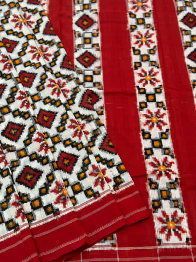 Yellow offwhite and Red Telia Rumal double ikkat cotton saree