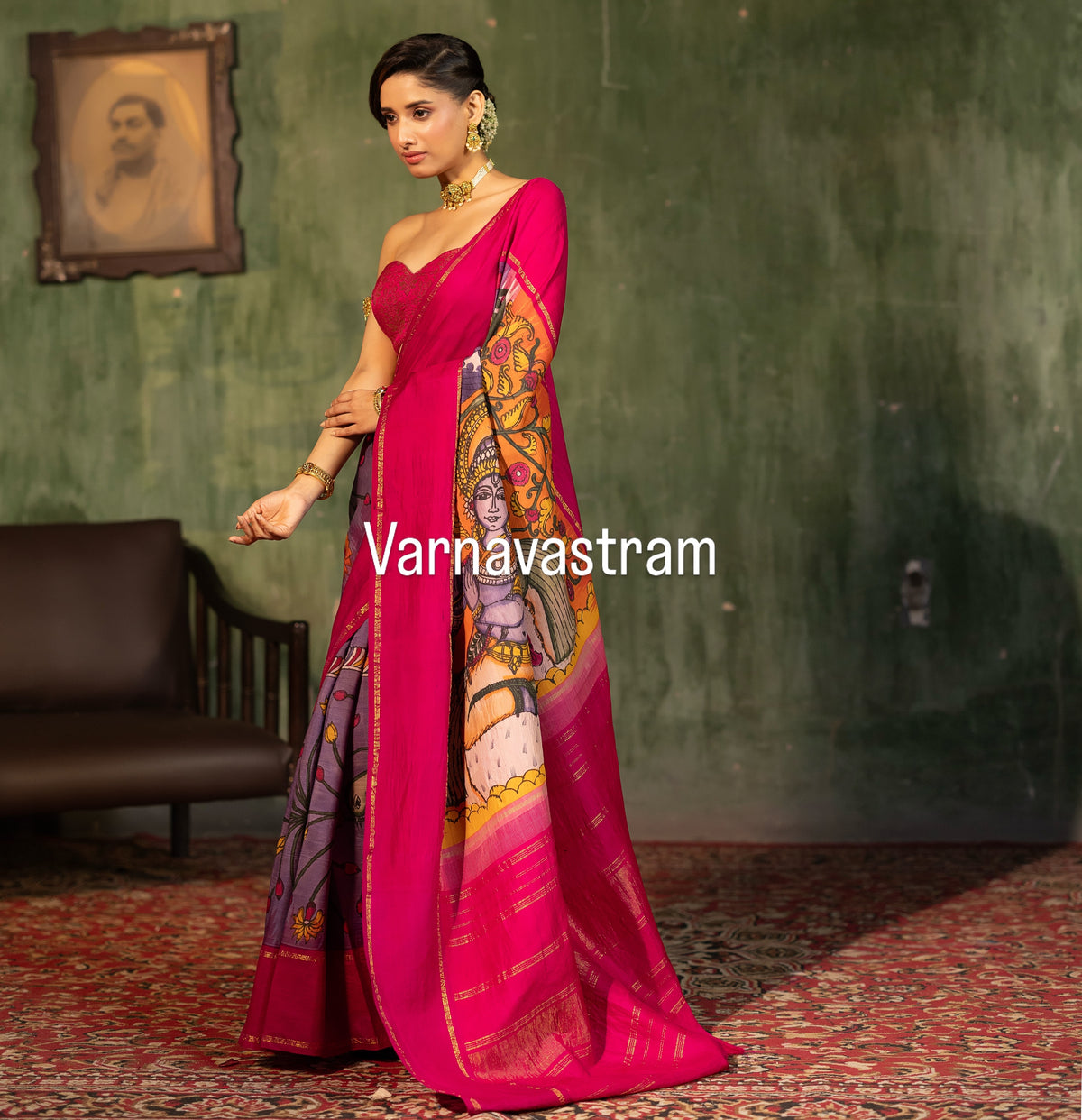 VRATHAPANI - Complete Hand Drawn And Hand Painted Penkalamkari In korvai Kanchivaram Silk Saree