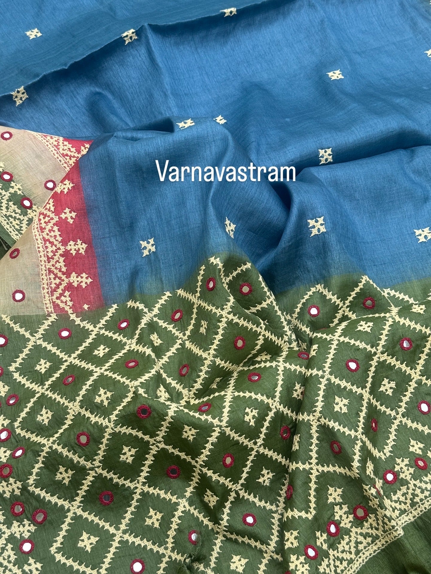 Indigo blue with green and pink handwoven Tussar silk saree with handmade kutch mirror embroidery work