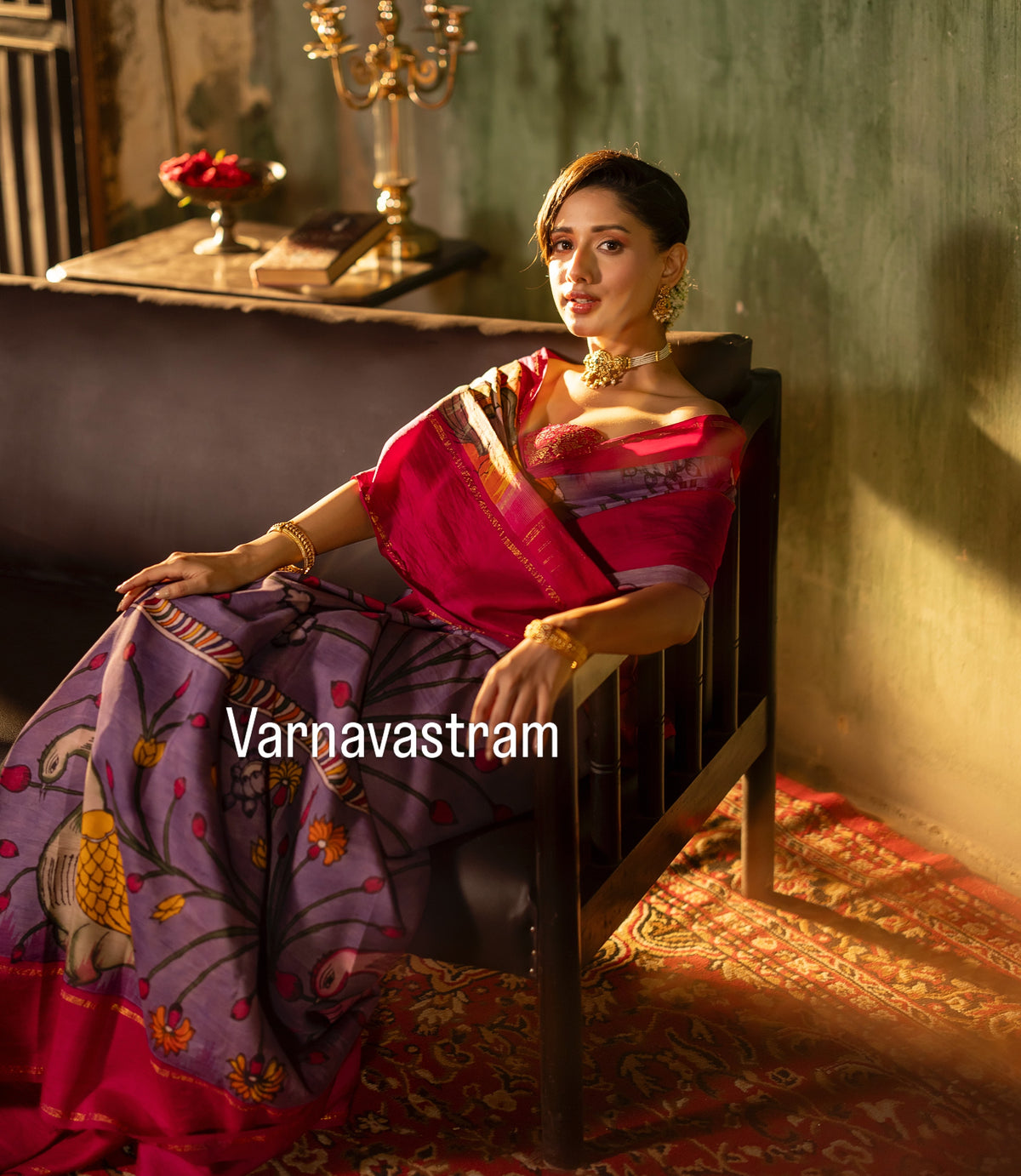 VRATHAPANI - Complete Hand Drawn And Hand Painted Penkalamkari In korvai Kanchivaram Silk Saree