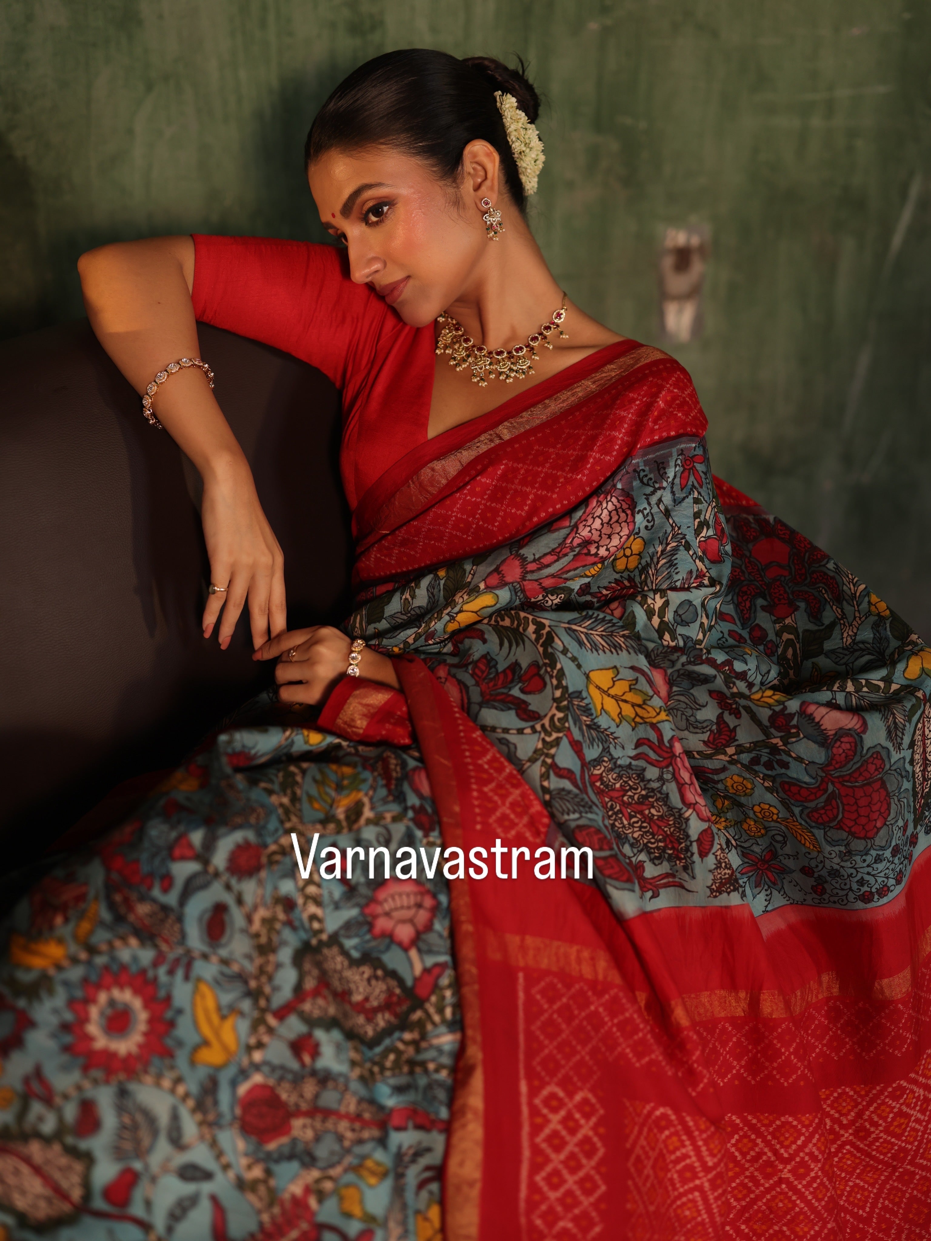 VRATHAPANI - A bhandhej inspired mulberry silk ikkat adorned with chintz inspired art on Complete Hand Drawn And Hand Painted Penkalamkari In korvai Kanchivaram Silk Saree