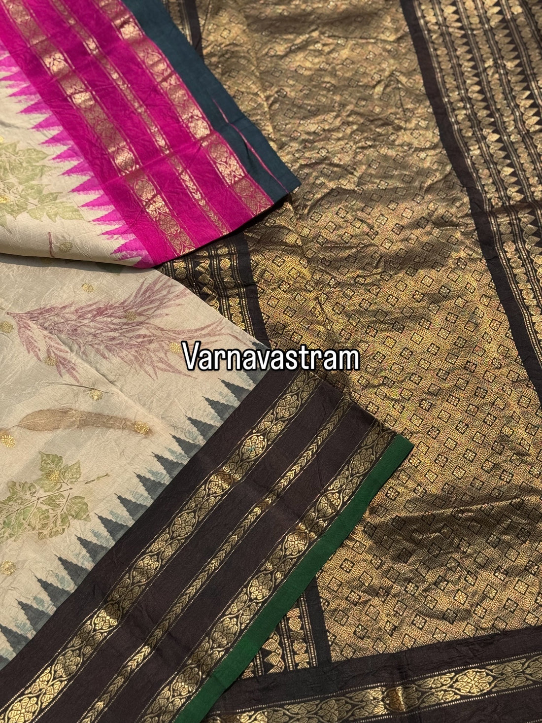 A pearl white with pink and black Natural Handmade Ecoprints kuttu gadwal silk saree