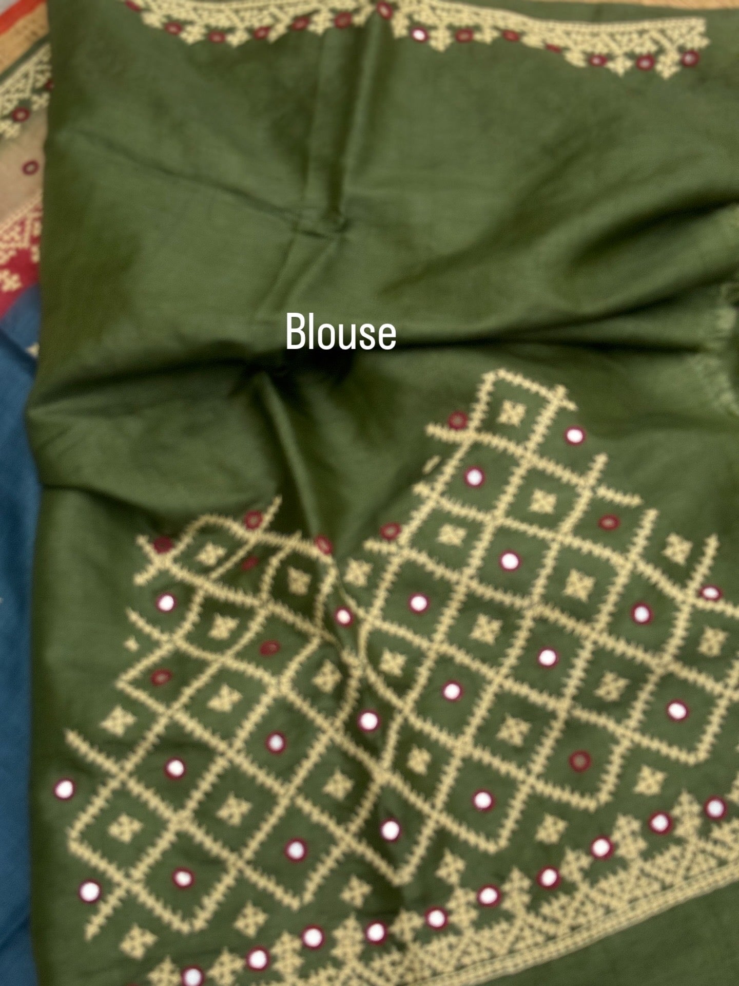 Indigo blue with green and pink handwoven Tussar silk saree with handmade kutch mirror embroidery work