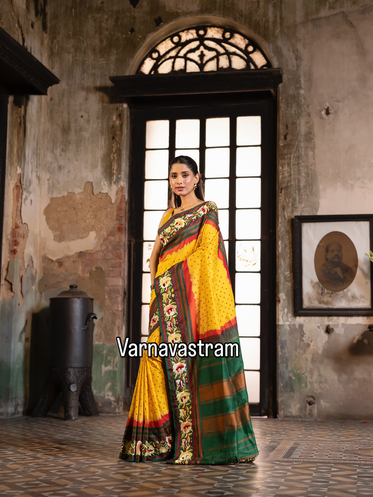 Parsi Gara with Rai Bhandej stunning Korvai Kanchivaram in sunshine yellow framed by the tender green