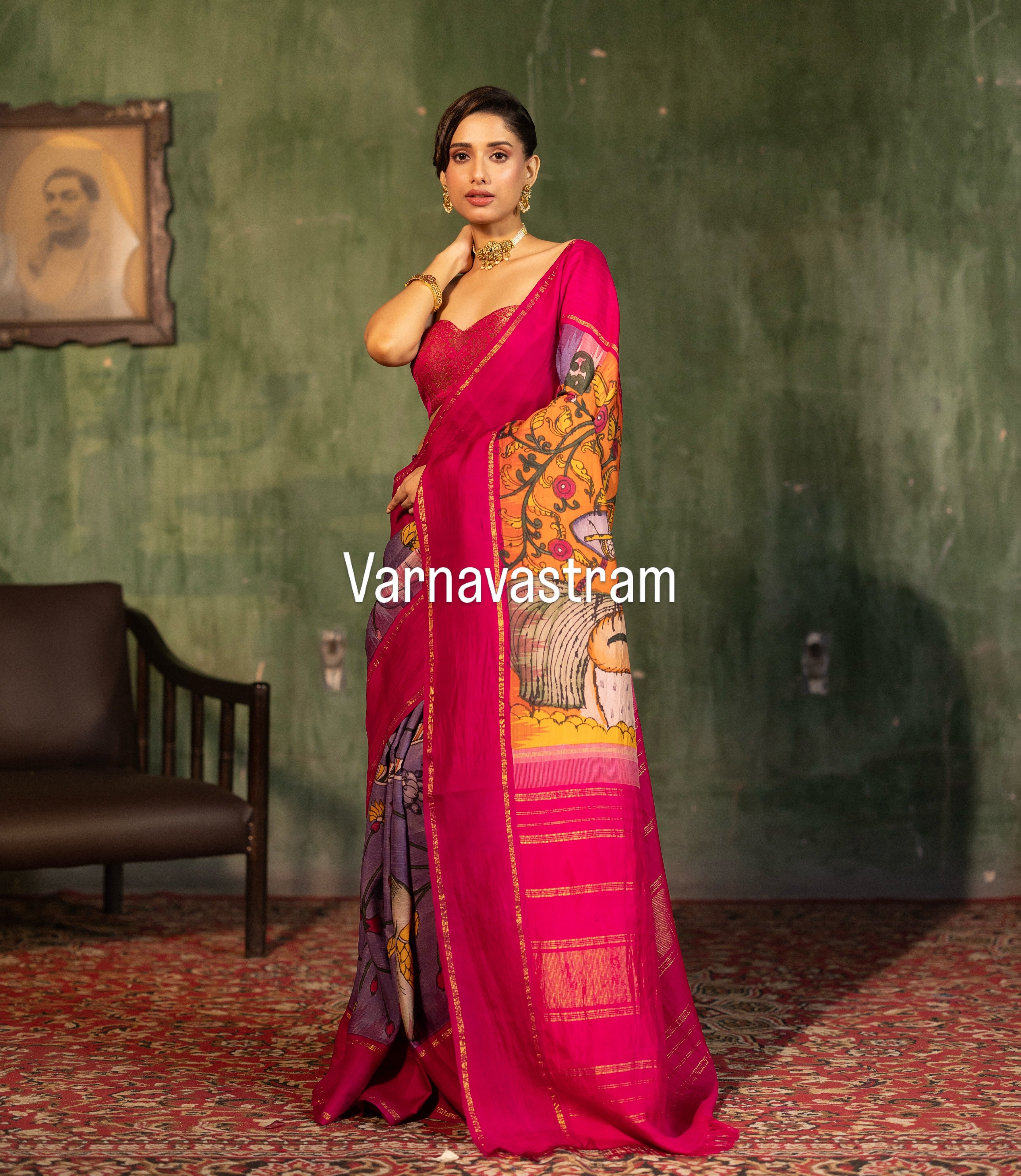 VRATHAPANI - Complete Hand Drawn And Hand Painted Penkalamkari In korvai Kanchivaram Silk Saree