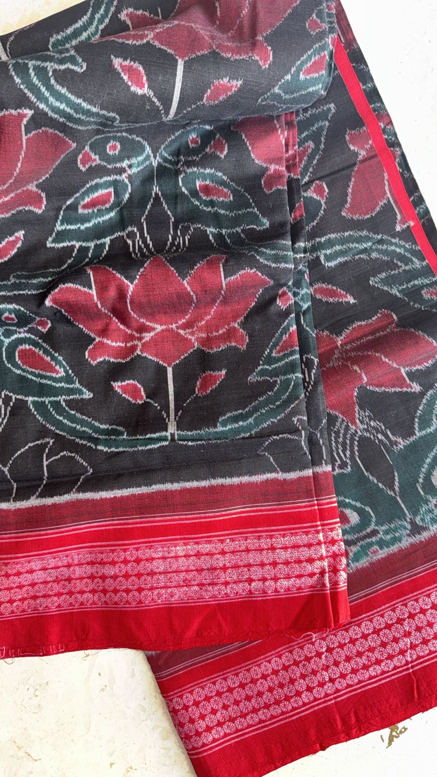 Twin Parrots With Lotus Odisha Ikkat Cotton Saree