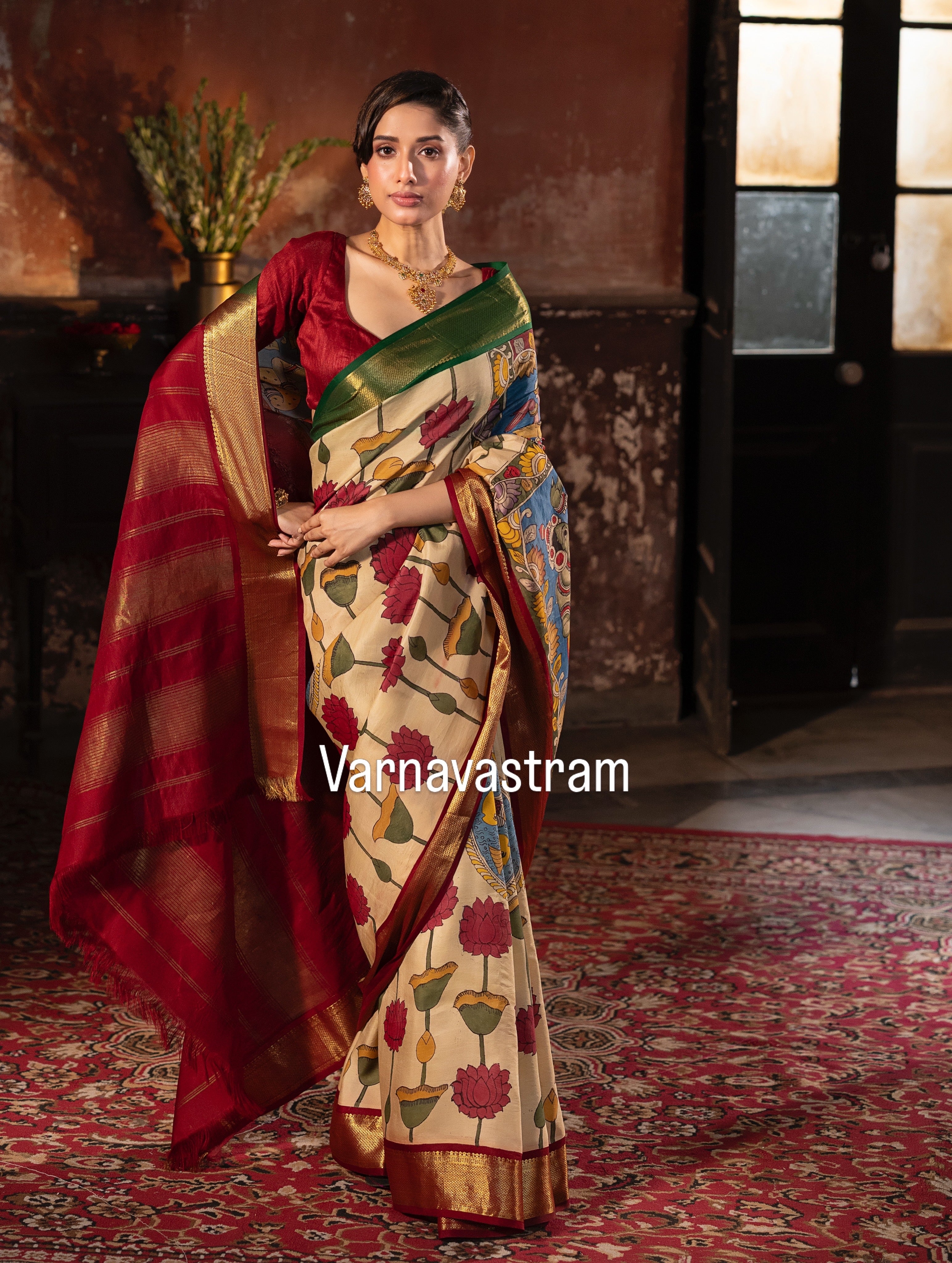Masterpiece Ganga jamuna korvai kanchivaram silk saree Handdrawn handpainted penkalamkari