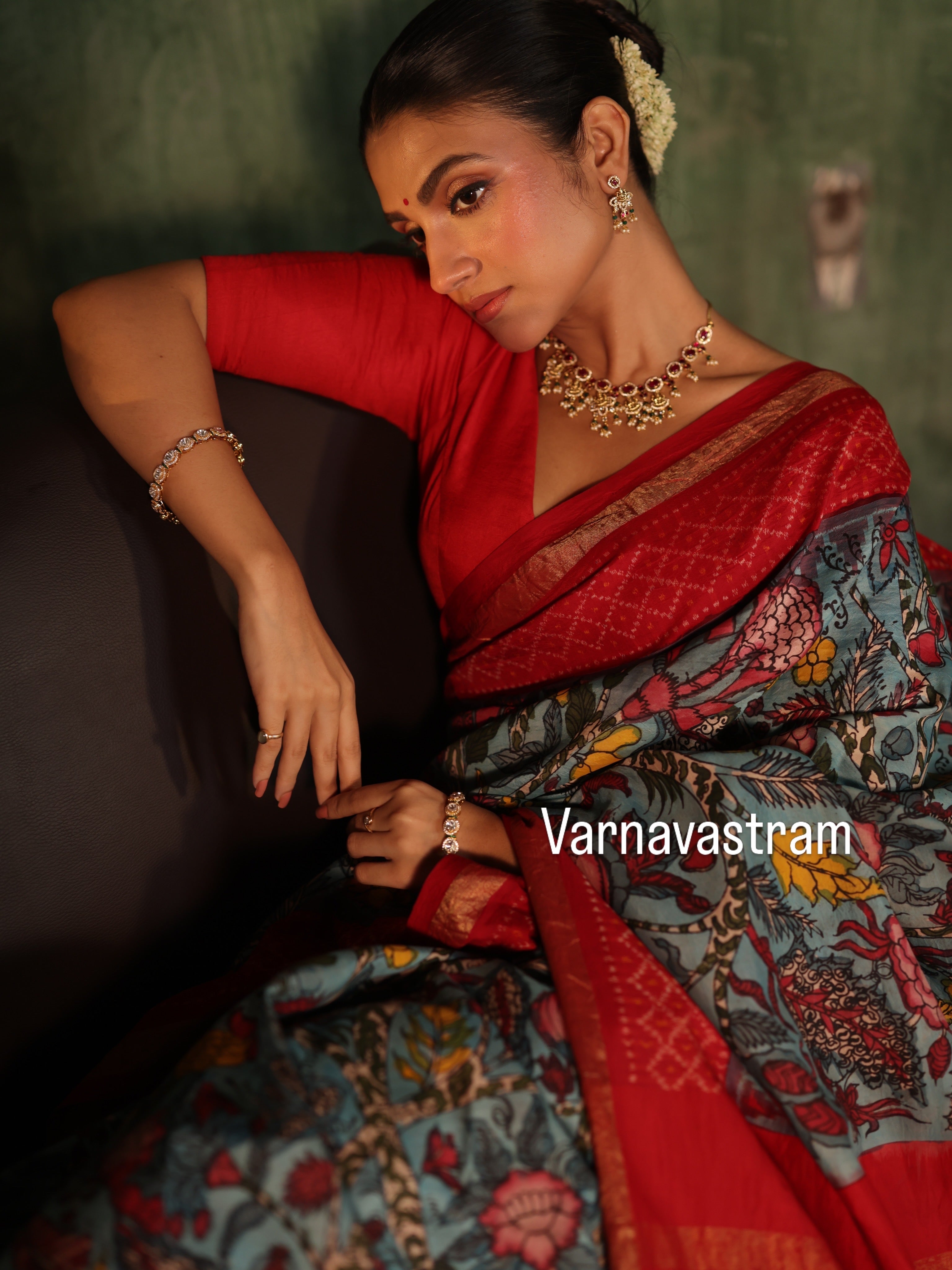 VRATHAPANI - A bhandhej inspired mulberry silk ikkat adorned with chintz inspired art on Complete Hand Drawn And Hand Painted Penkalamkari In korvai Kanchivaram Silk Saree