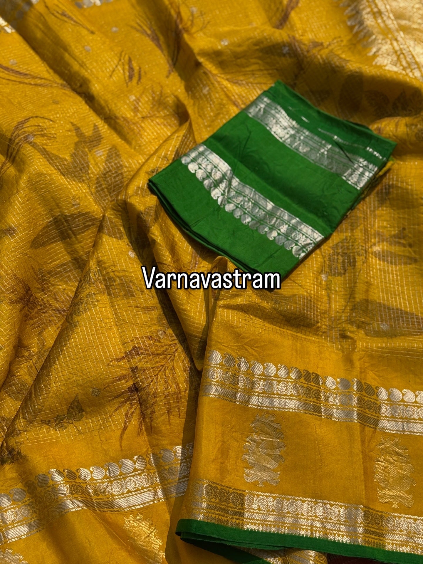 A lime yellow with green Natural Handmade Ecoprints Gadwal silk saree