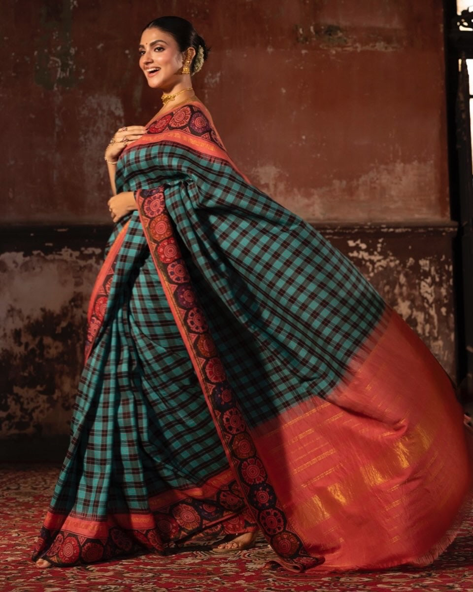 Kanchivaram korvai checks with penkalamkari silk saree