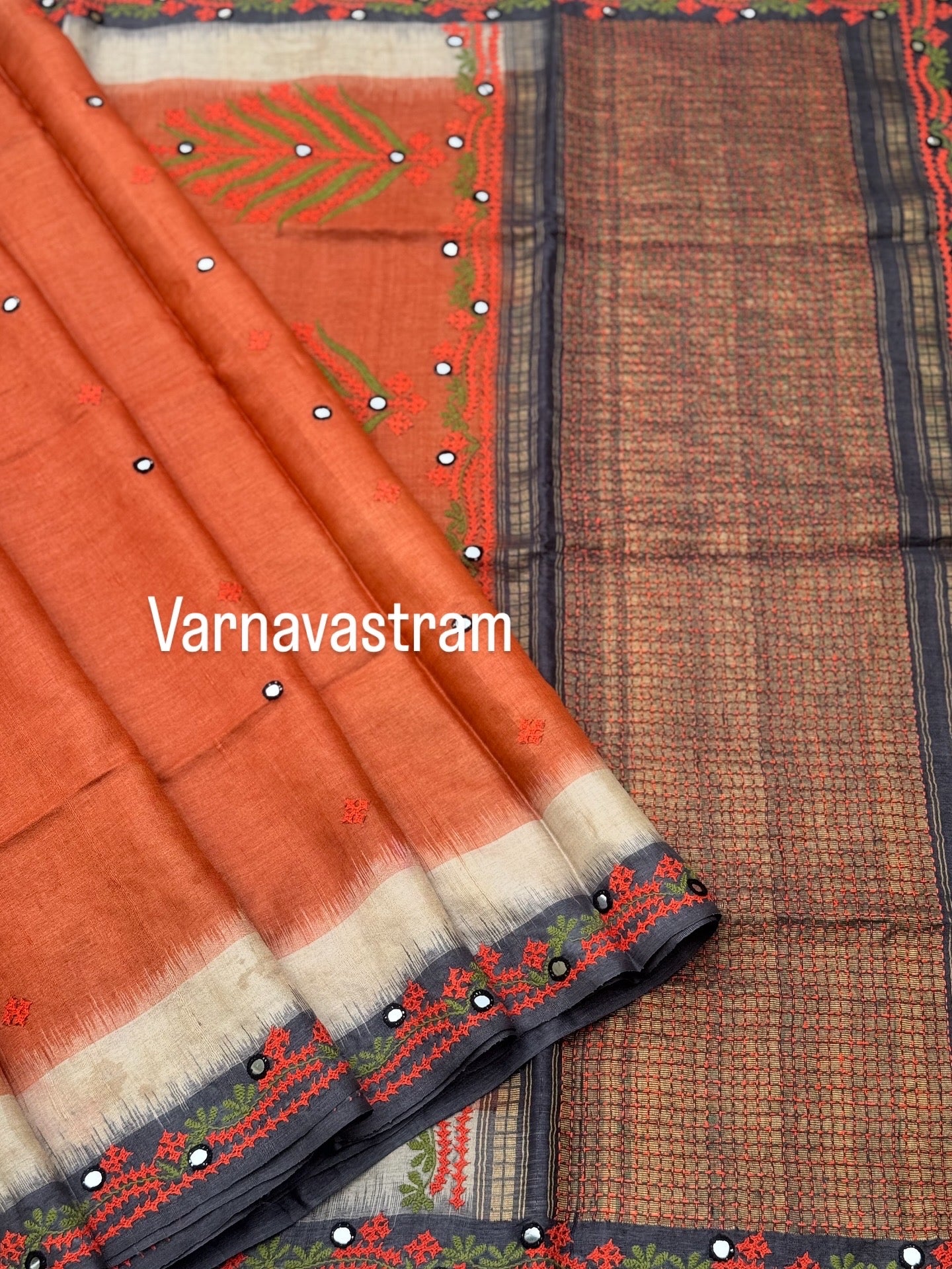 handwoven Tussar silk saree with handmade kutch mirror embroidery work