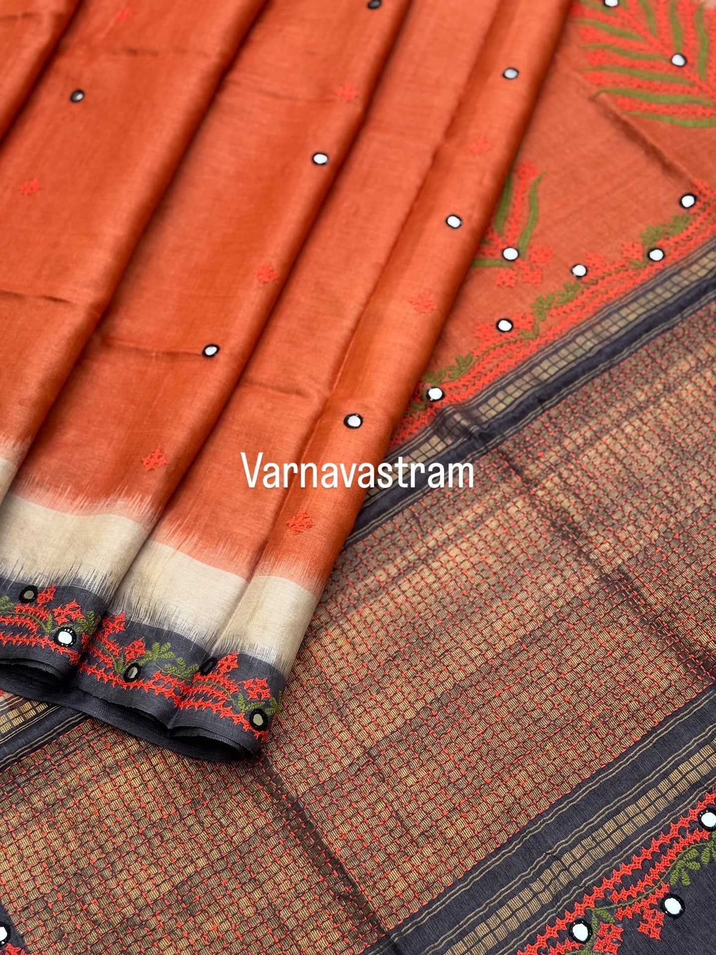 handwoven Tussar silk saree with handmade kutch mirror embroidery work