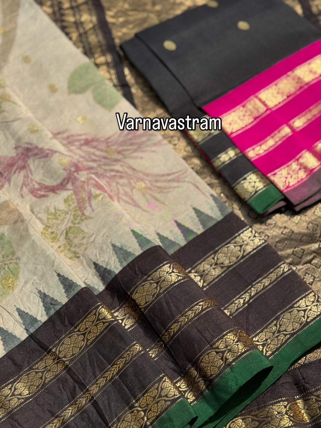 A pearl white with pink and black Natural Handmade Ecoprints kuttu gadwal silk saree