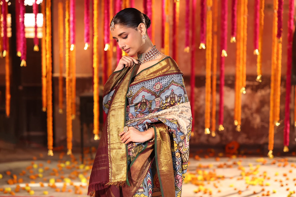 Concept Ashtalakshmi Penkalamkari Kanchivaram silk Saree