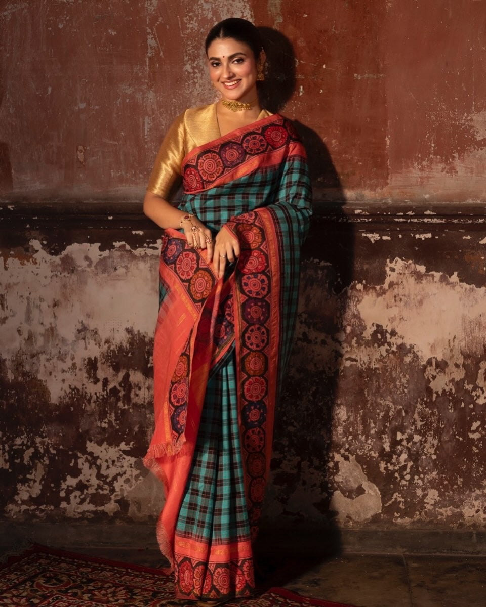 Kanchivaram korvai checks with penkalamkari silk saree