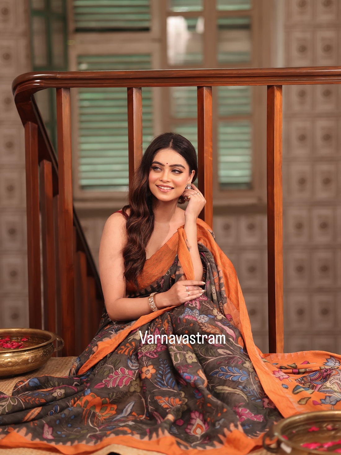 For Pranusha, A piece of an art Handdrawn handpainted penkalamkari with floral creepers and Radhe Krishna pallu