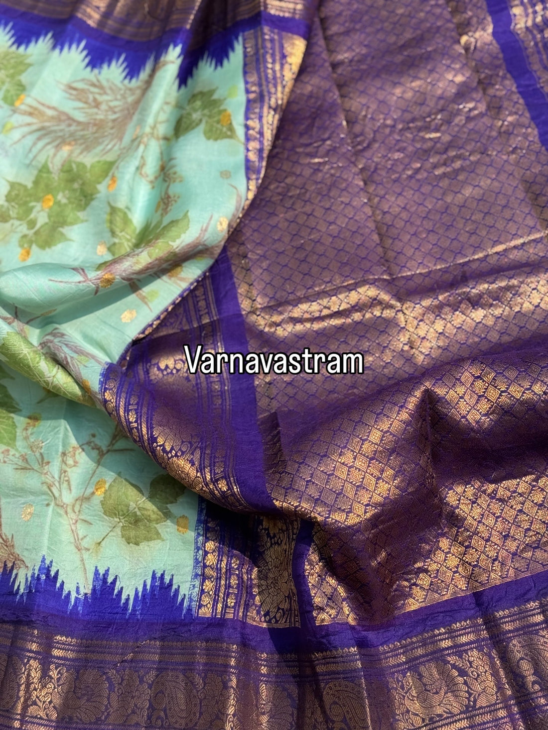 An ice blue with royalblue Natural Handmade Ecoprints Gadwal silk saree