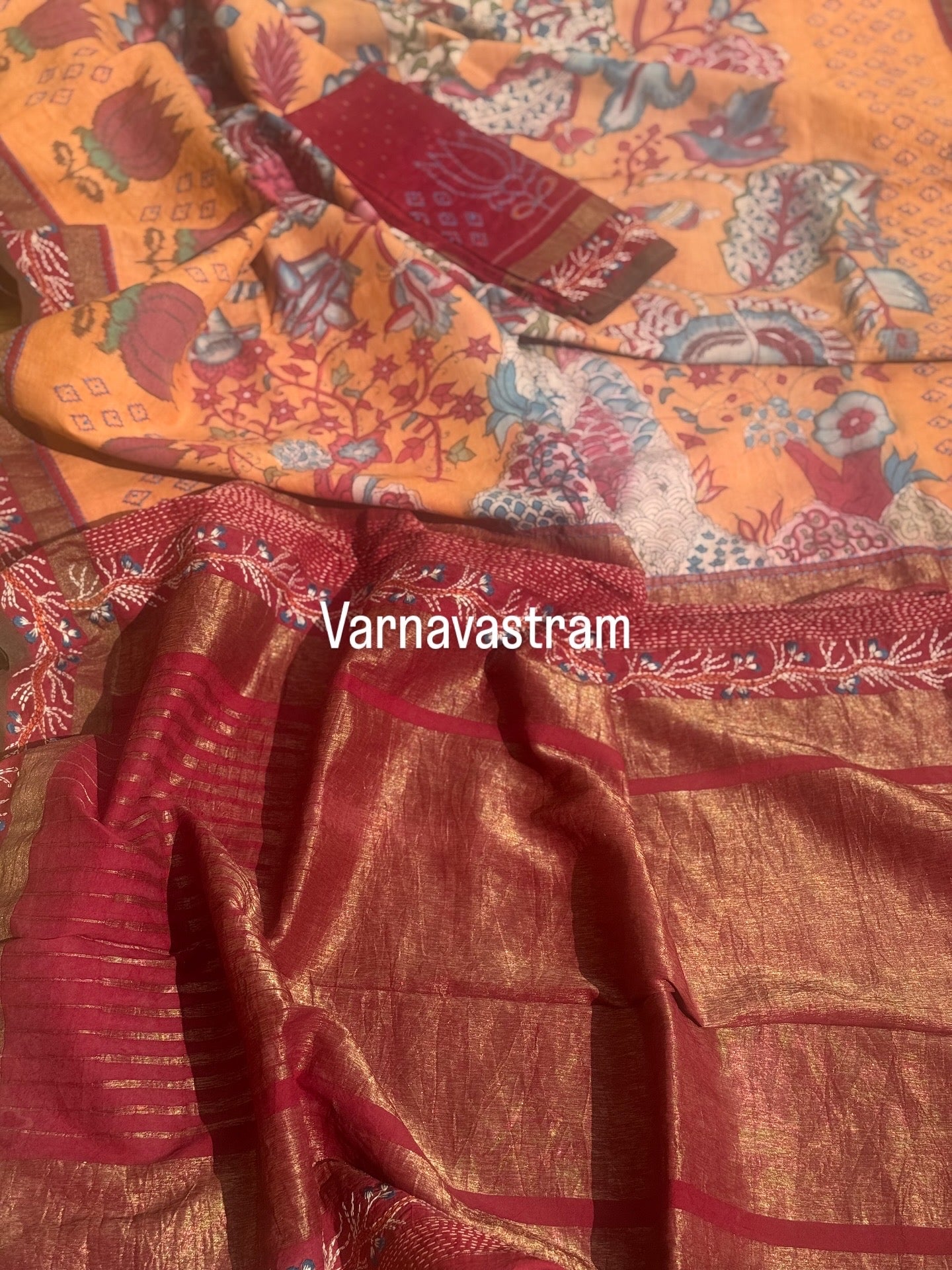 For Pranusha - A handmade Katha work on tree of life penkalamkari on handwoven ikkat silk