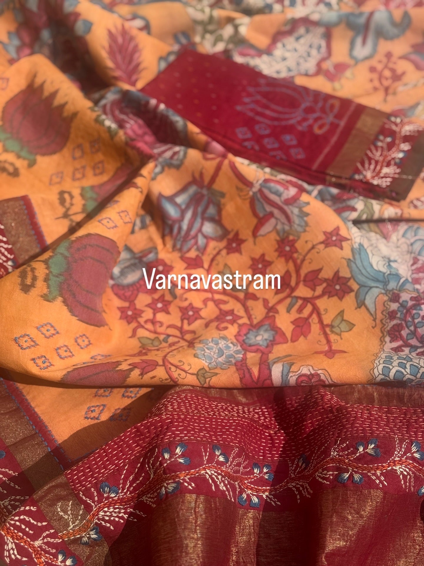 For Pranusha - A handmade Katha work on tree of life penkalamkari on handwoven ikkat silk