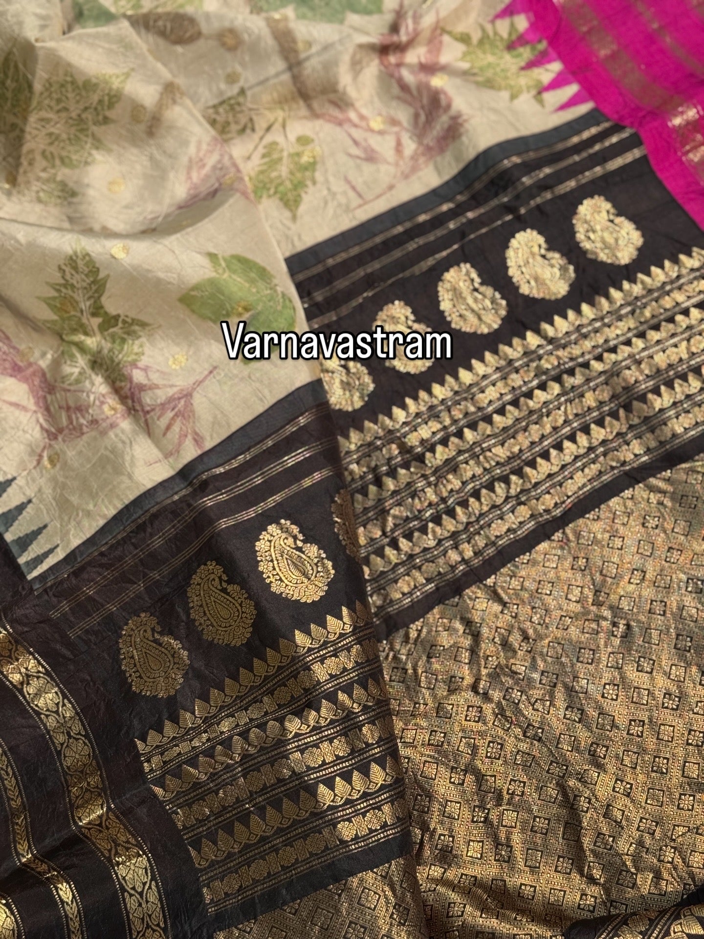 A pearl white with pink and black Natural Handmade Ecoprints kuttu gadwal silk saree