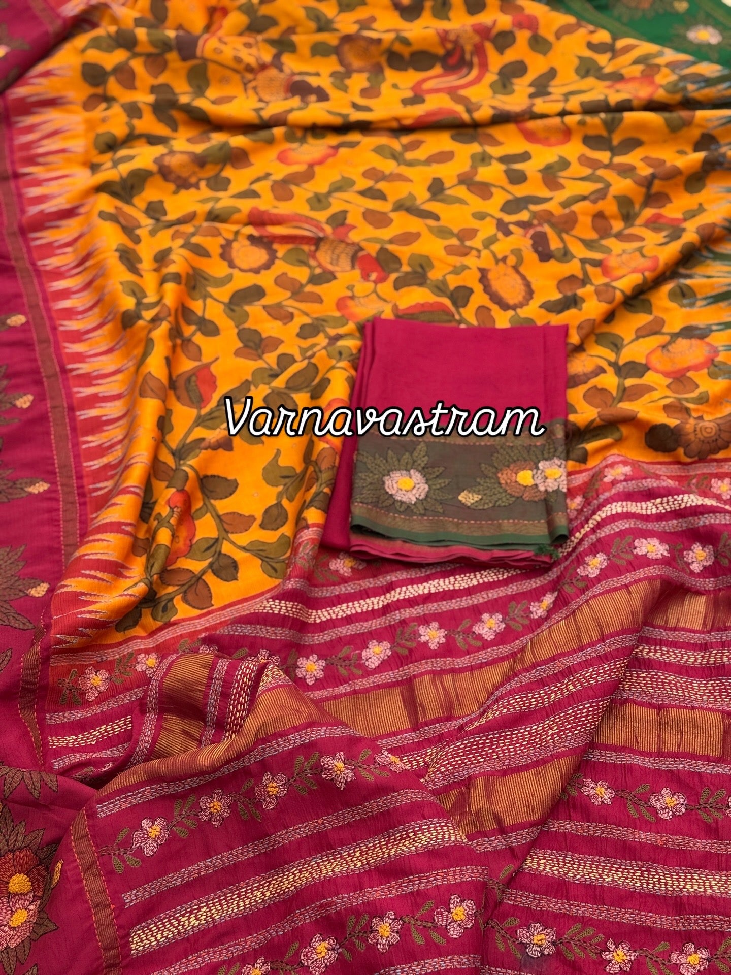 A masterpiece Kathawork handembroidery kanchivaram korvai silk saree with penkalamkari