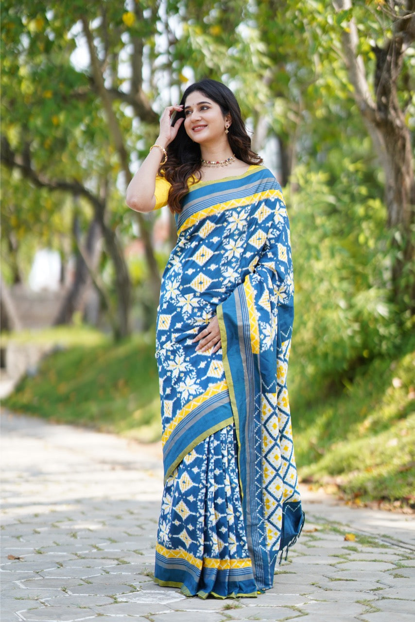 Brand Exclusive Indigo and Yellow Double Telia Rumal Ikkat Silk Saree inspired from Museum Archives