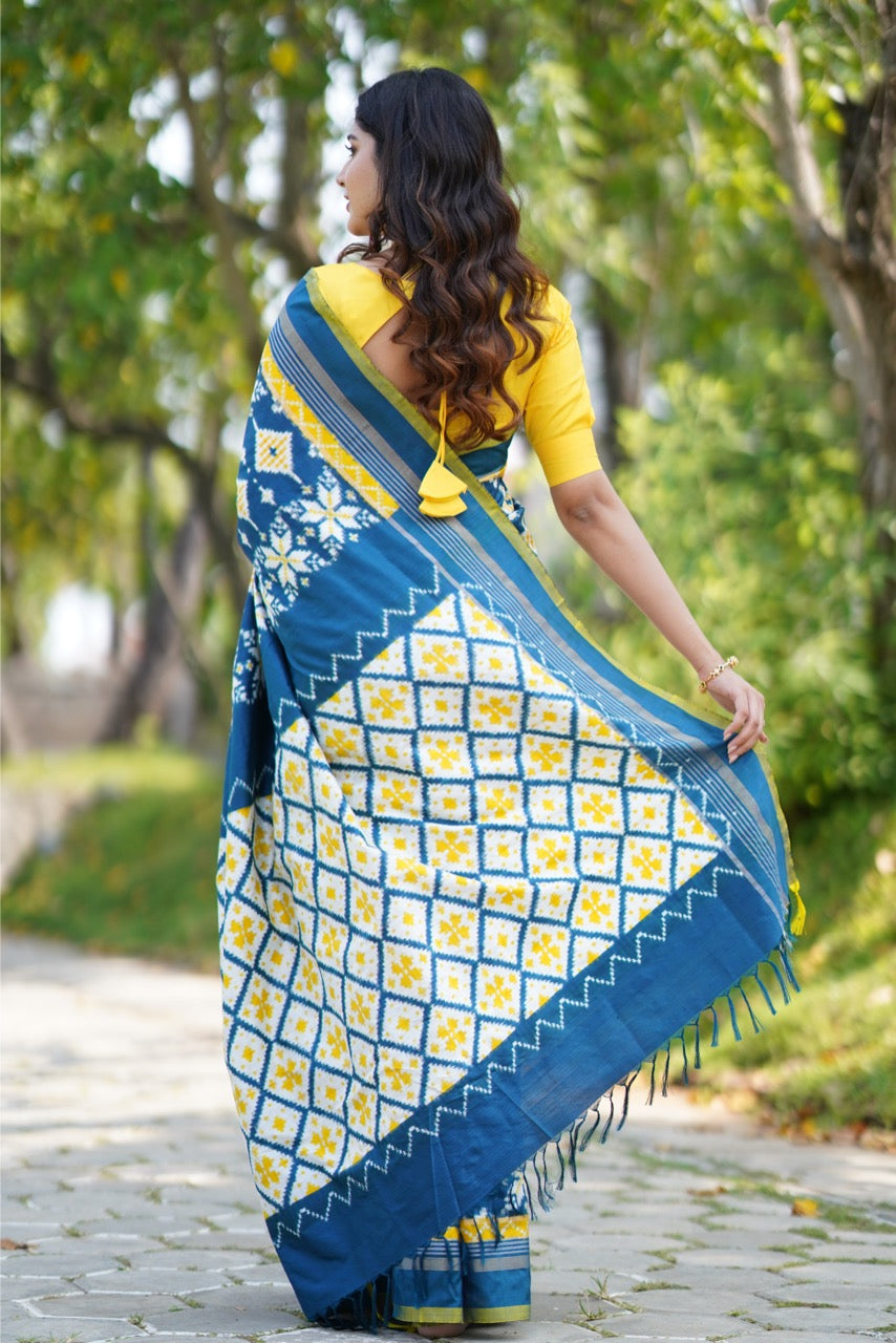 Brand Exclusive Indigo and Yellow Double Telia Rumal Ikkat Silk Saree inspired from Museum Archives