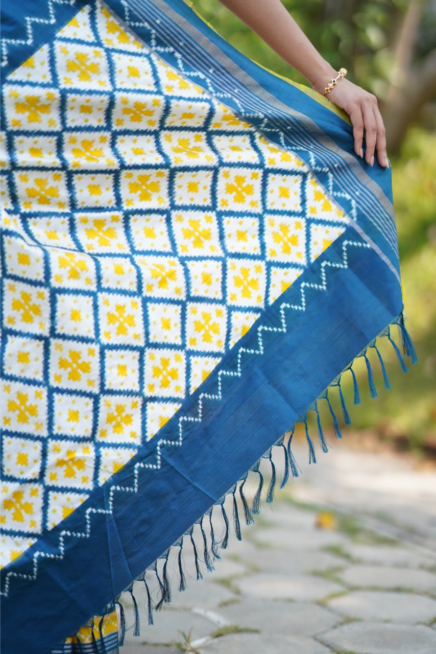 Brand Exclusive Indigo and Yellow Double Telia Rumal Ikkat Silk Saree inspired from Museum Archives