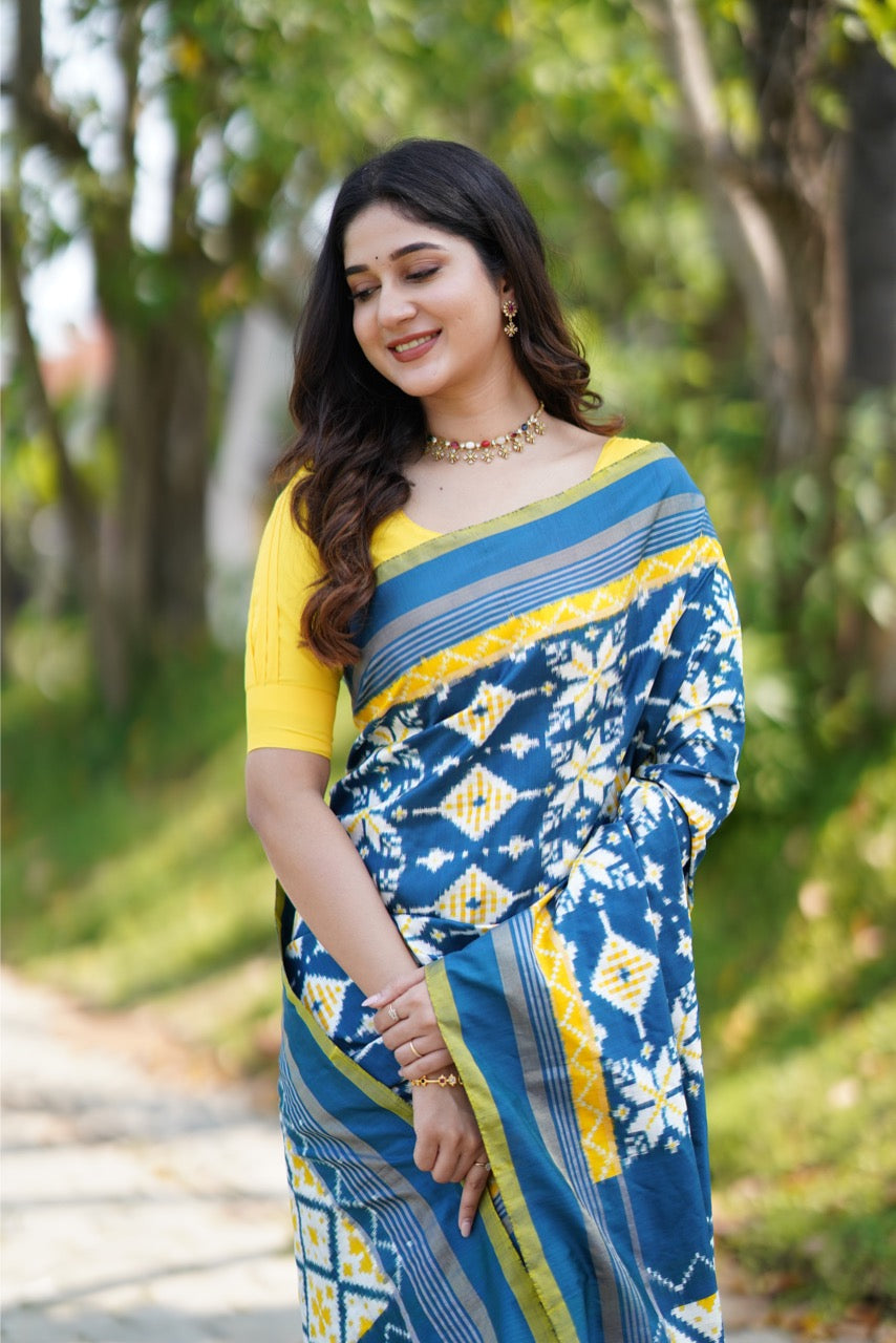Brand Exclusive Indigo and Yellow Double Telia Rumal Ikkat Silk Saree inspired from Museum Archives