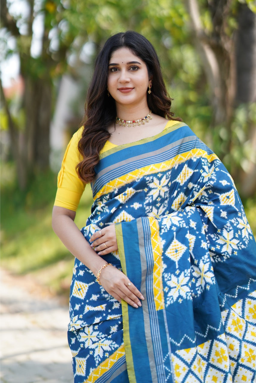 Brand Exclusive Indigo and Yellow Double Telia Rumal Ikkat Silk Saree inspired from Museum Archives